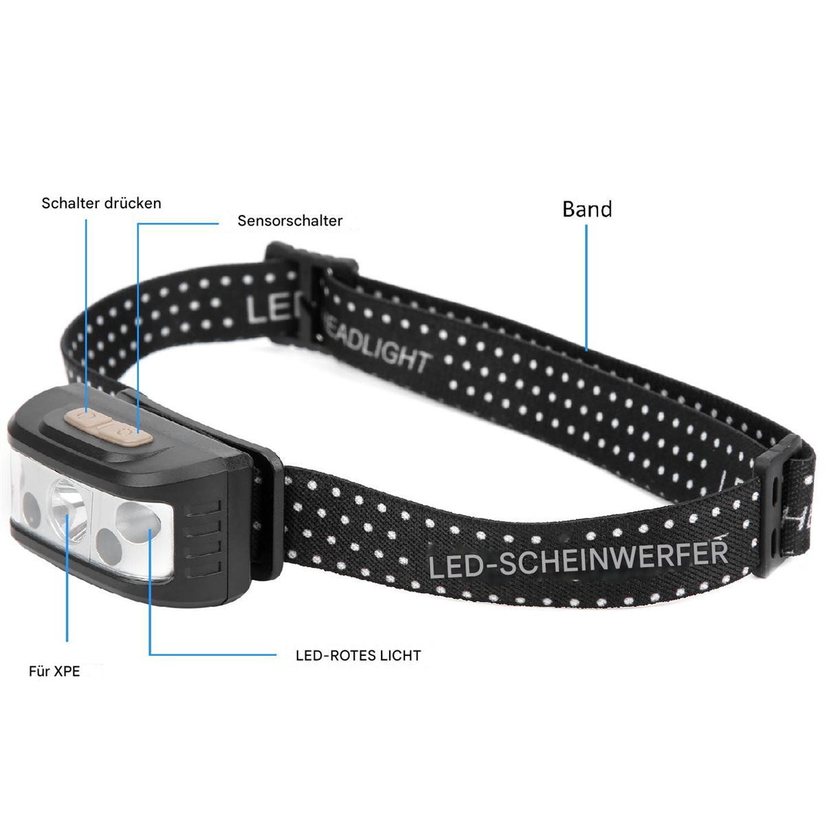 Scheinwerfer mit schwarzem Riemen, schwarzem und silbernem Körper, markierten Knöpfen und LED-Leuchten.