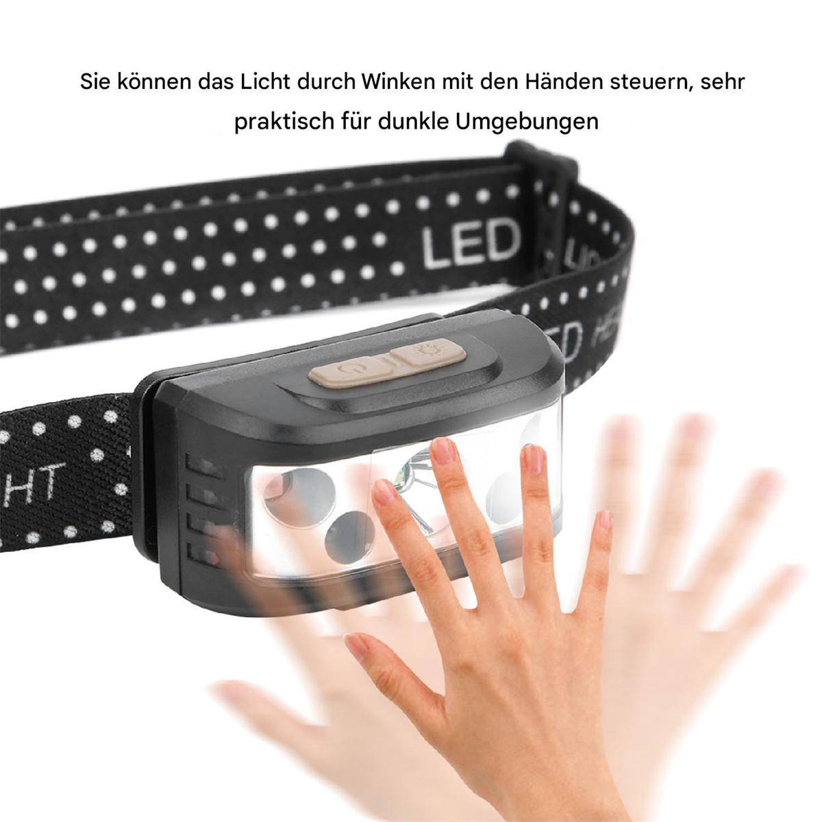 Stirnlampe mit Handgestensteuerung, schwarz und weiß. Hand vor dem Licht.