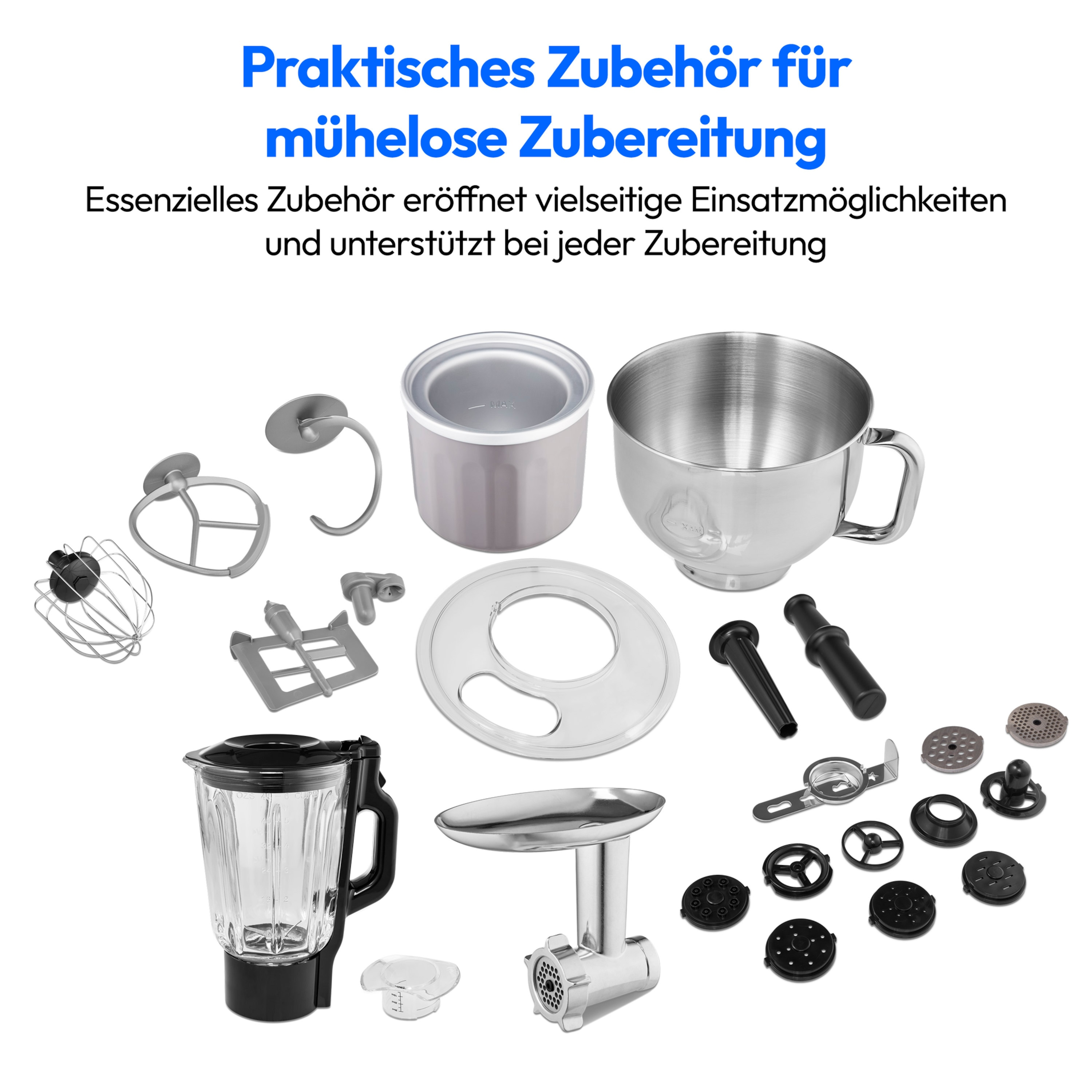Varios accesorios de cocina, incluyendo una licuadora y accesorios de batidora.