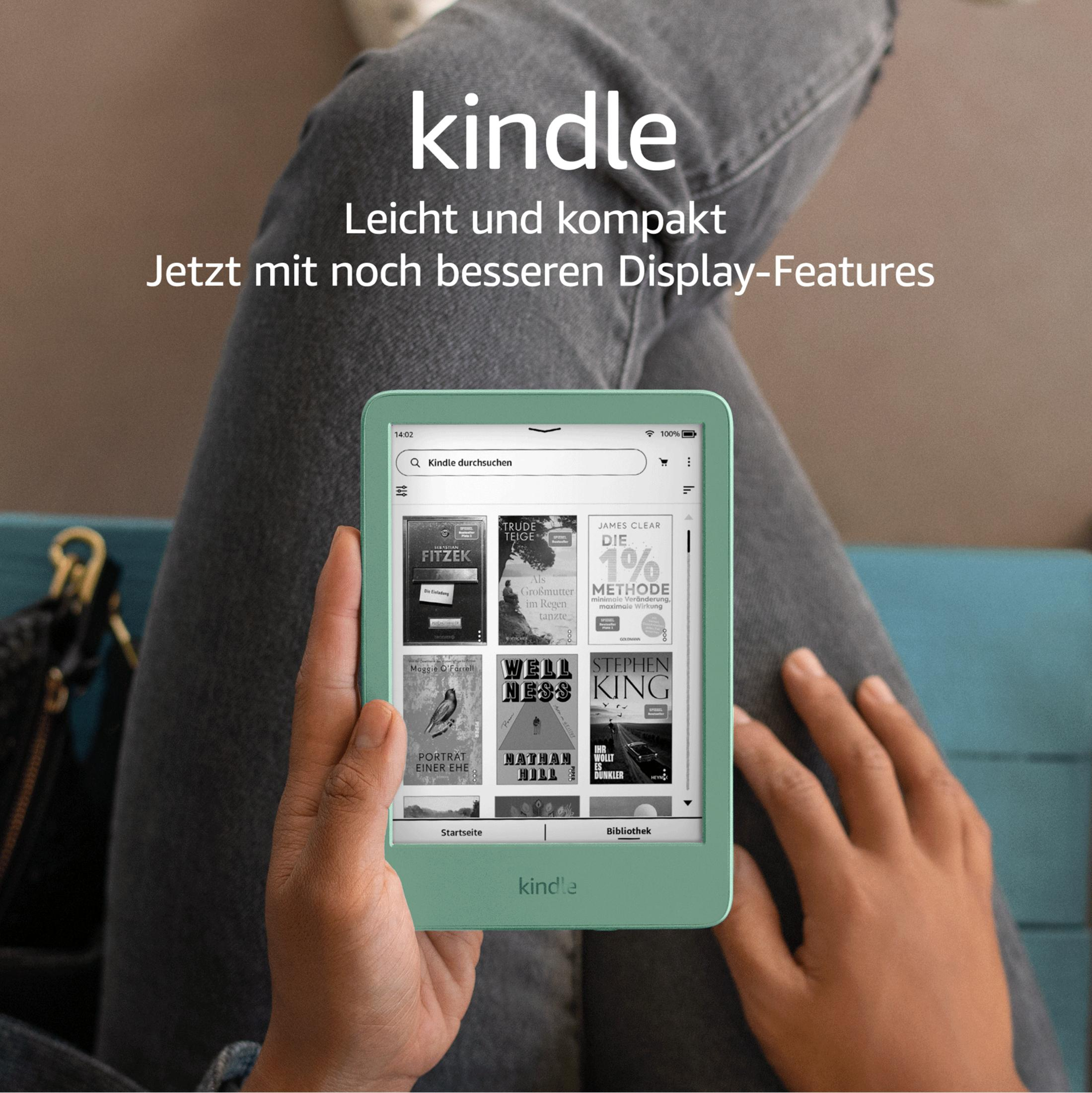 Osoba trzymająca miętowo-zielonego Kindle'a, wyświetlającego okładki książek, z tekstem o funkcjach Kindle.