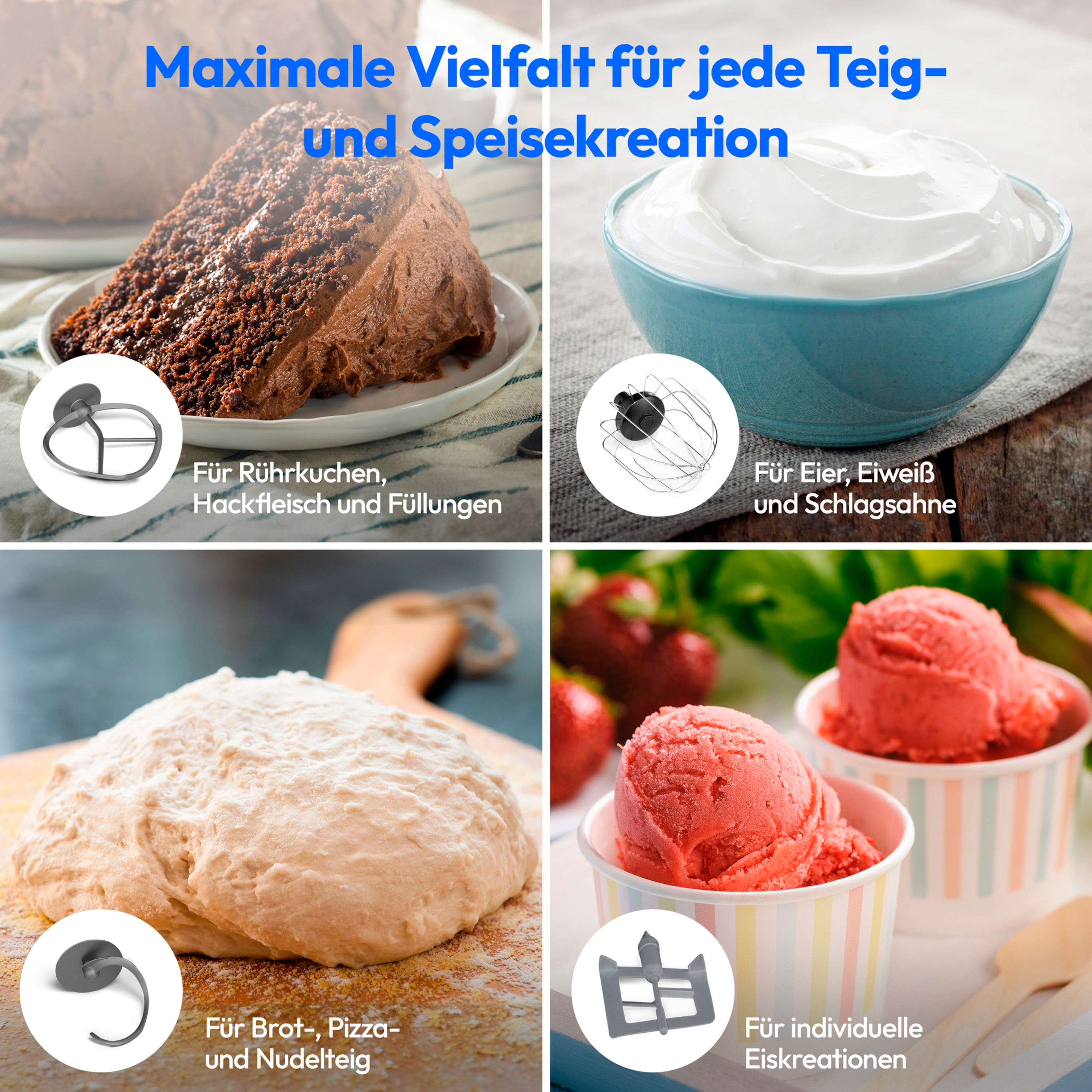 Cuatro imágenes que demuestran herramientas e ingredientes de cocina. Pastel, crema batida, helado y masa.