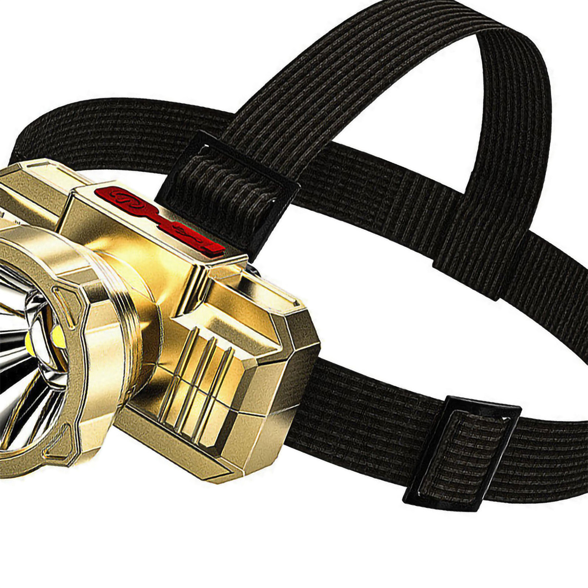 Eine goldfarbene Stirnlampe mit schwarzem Riemen, Nahaufnahme, auf weißem Hintergrund.