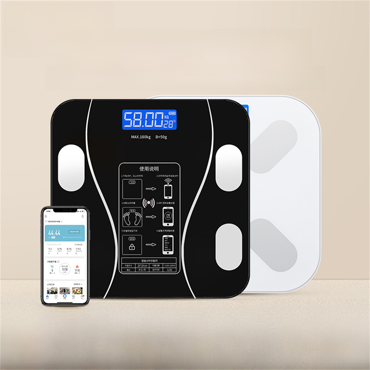 Schwarz-weiße intelligente Waagen mit Daten auf Handy.