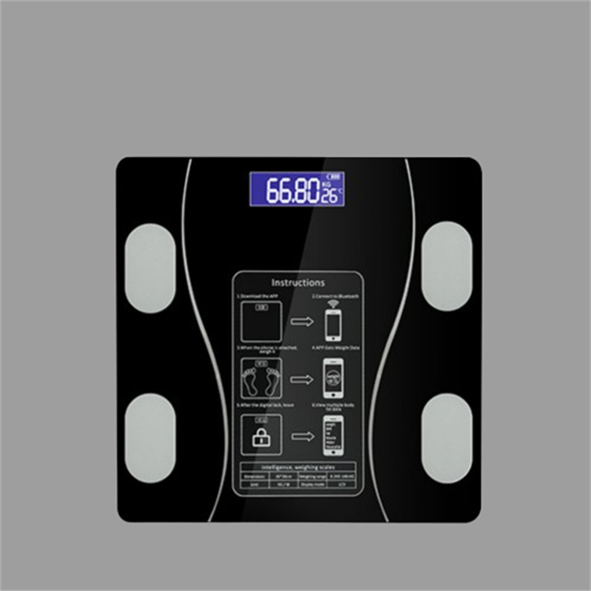 Eine schwarze intelligente Waage mit LCD-Bildschirm, der das Gewicht anzeigt, mit Anweisungen.