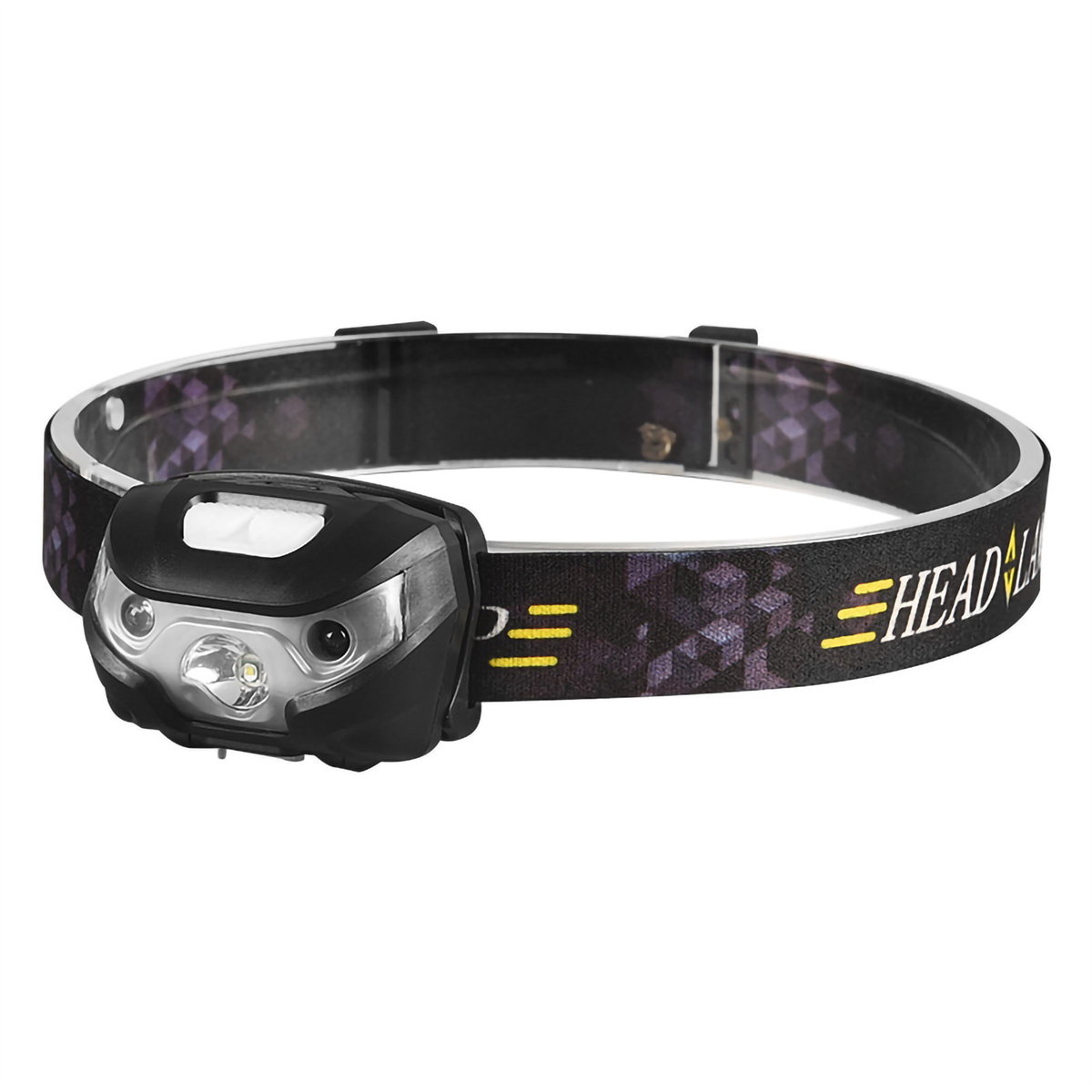 Schwarze Stirnlampe mit Licht und Riemen. Das Wort HEADLAMP ist auf dem Riemen sichtbar.