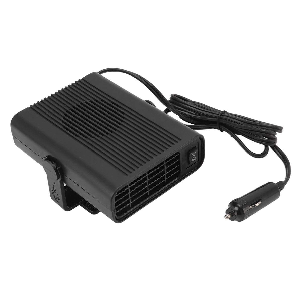 Schwarze Autoheizung mit Netzkabel und Stecker. Hat einen Ein-/Ausschalter.
