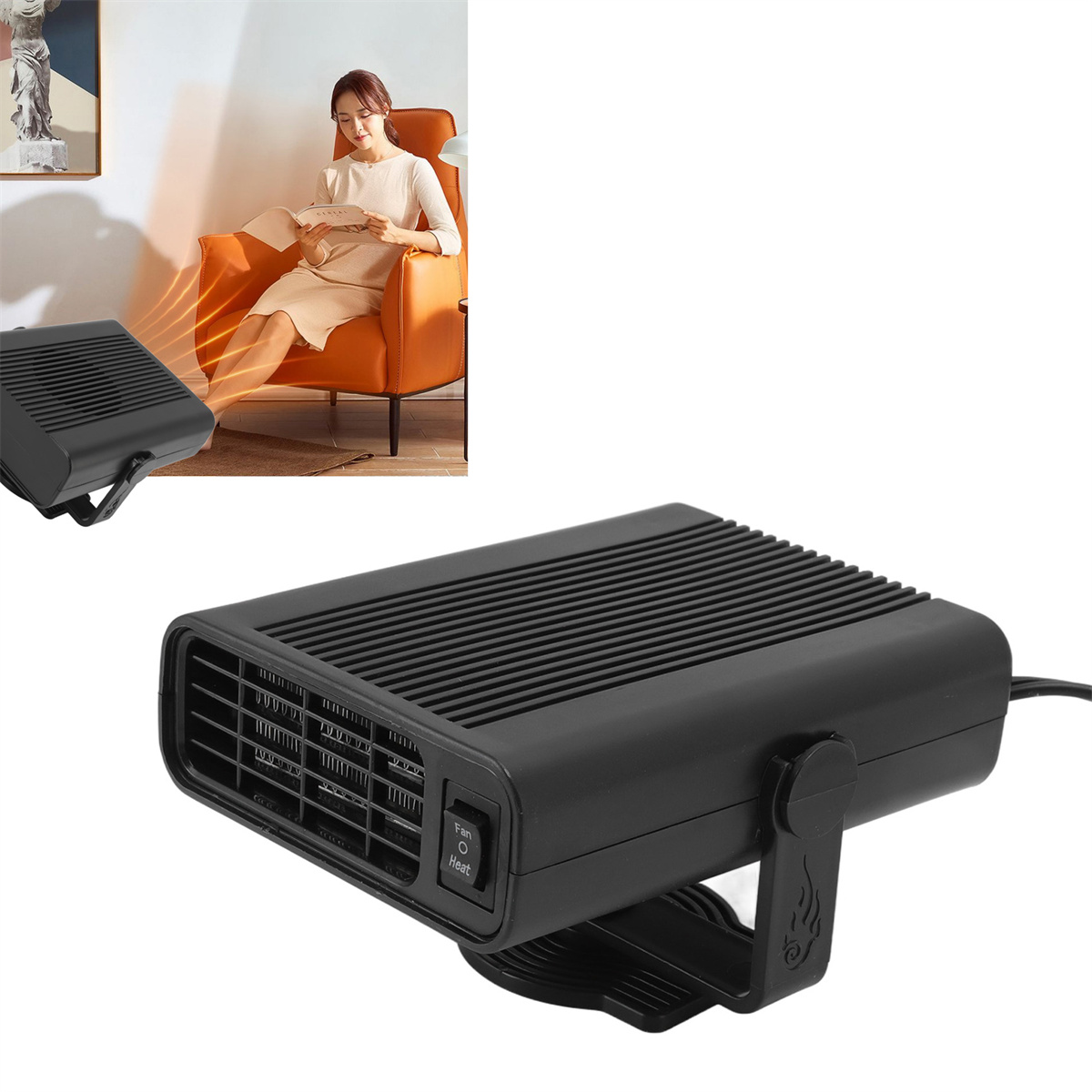 Schwarze tragbare Autoheizung mit Ventilator und Heizschalter. Eine Frau sitzt im Hintergrund auf einem orangen Stuhl.