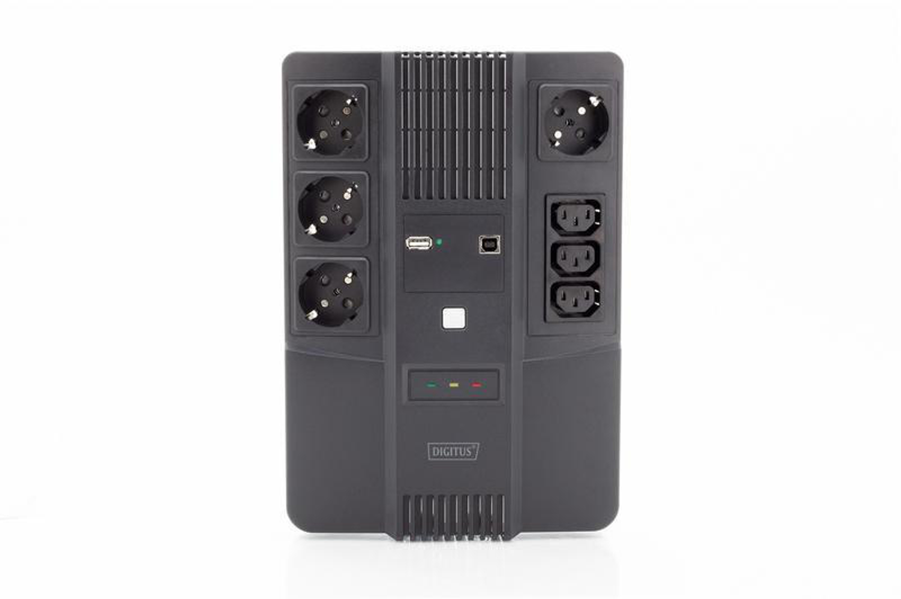 Ein schwarzes USV-Gerät mit verschiedenen Steckdosen, einem USB-Anschluss und Statusanzeigelampen, auf weißem Hintergrund.