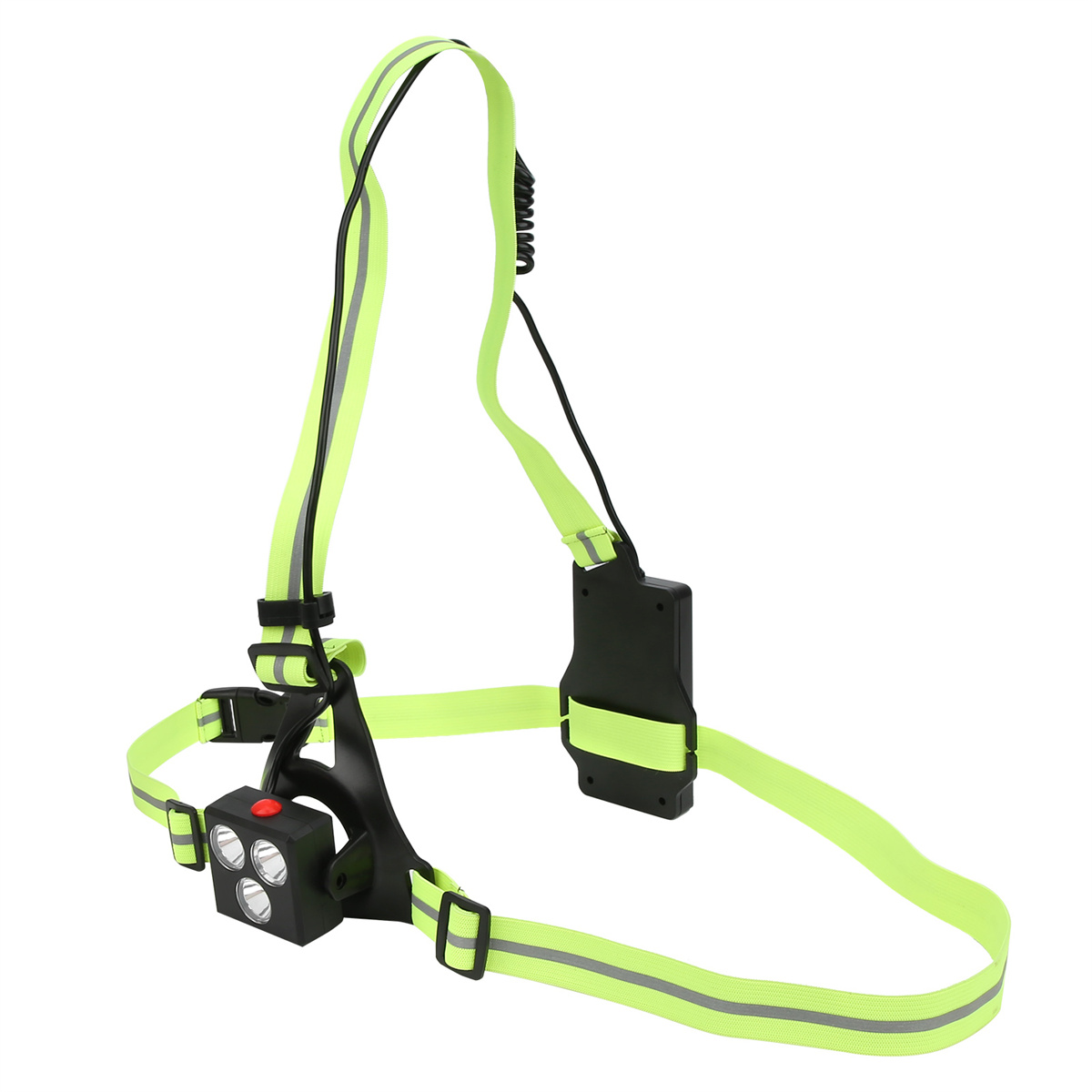 Eine gelbe Lauf-Stirnlampe mit drei Lichtern. Das Licht ist an Brust und Kopf befestigt.