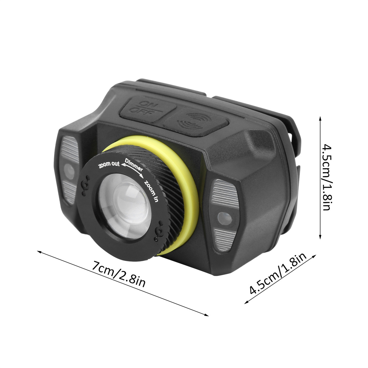 Schwarze und gelbe Stirnlampe mit Abmessungen, Zoomring und Ein/Aus-Tasten.