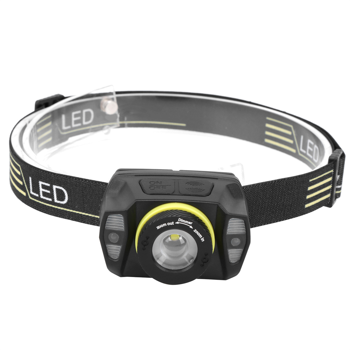 Schwarz-gelbe LED-Stirnlampe mit Riemen. Zoom- und Dimmfunktionen.