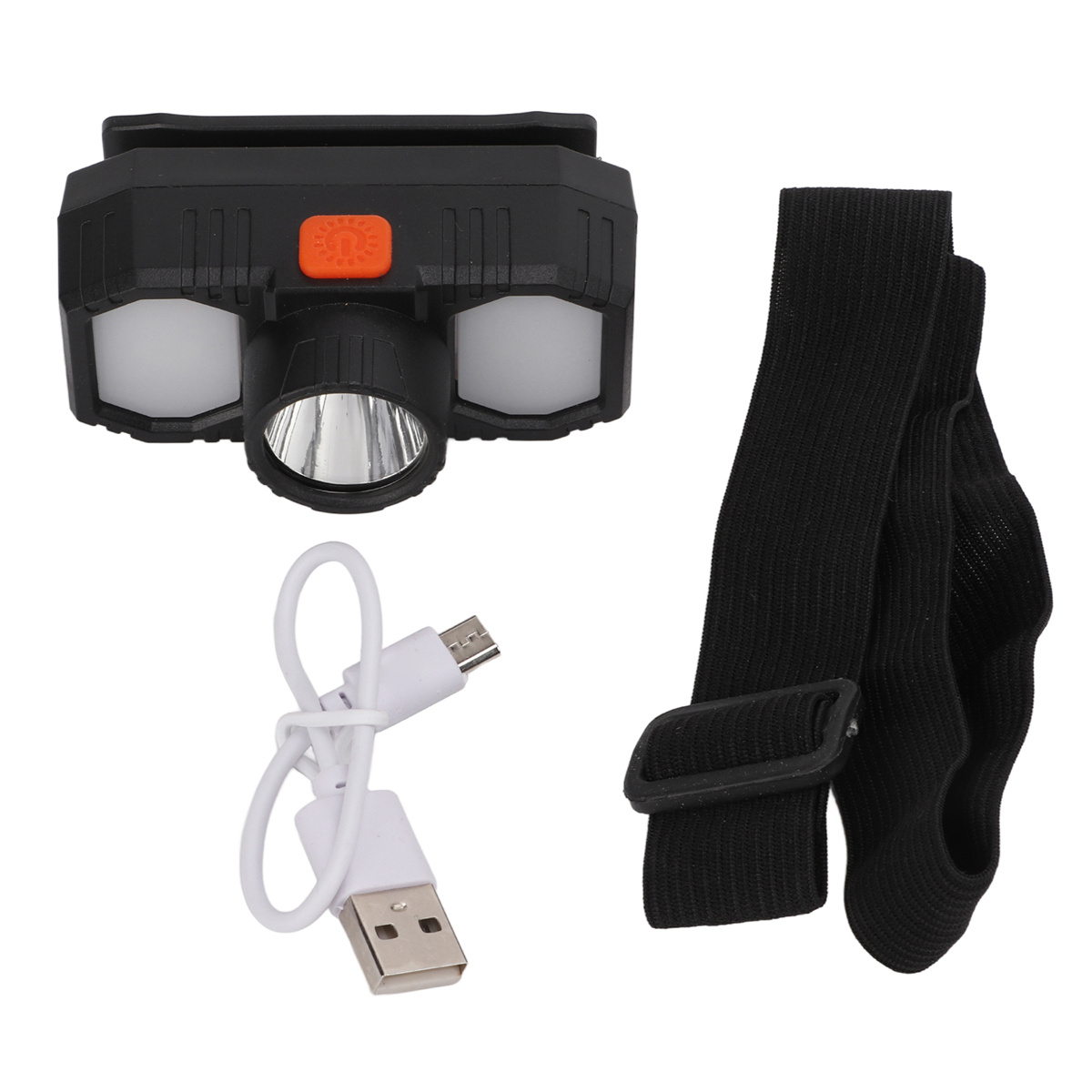 Schwarze Stirnlampe mit zwei Lichtern, einer zentralen Lampe und einem weißen USB-Kabel.