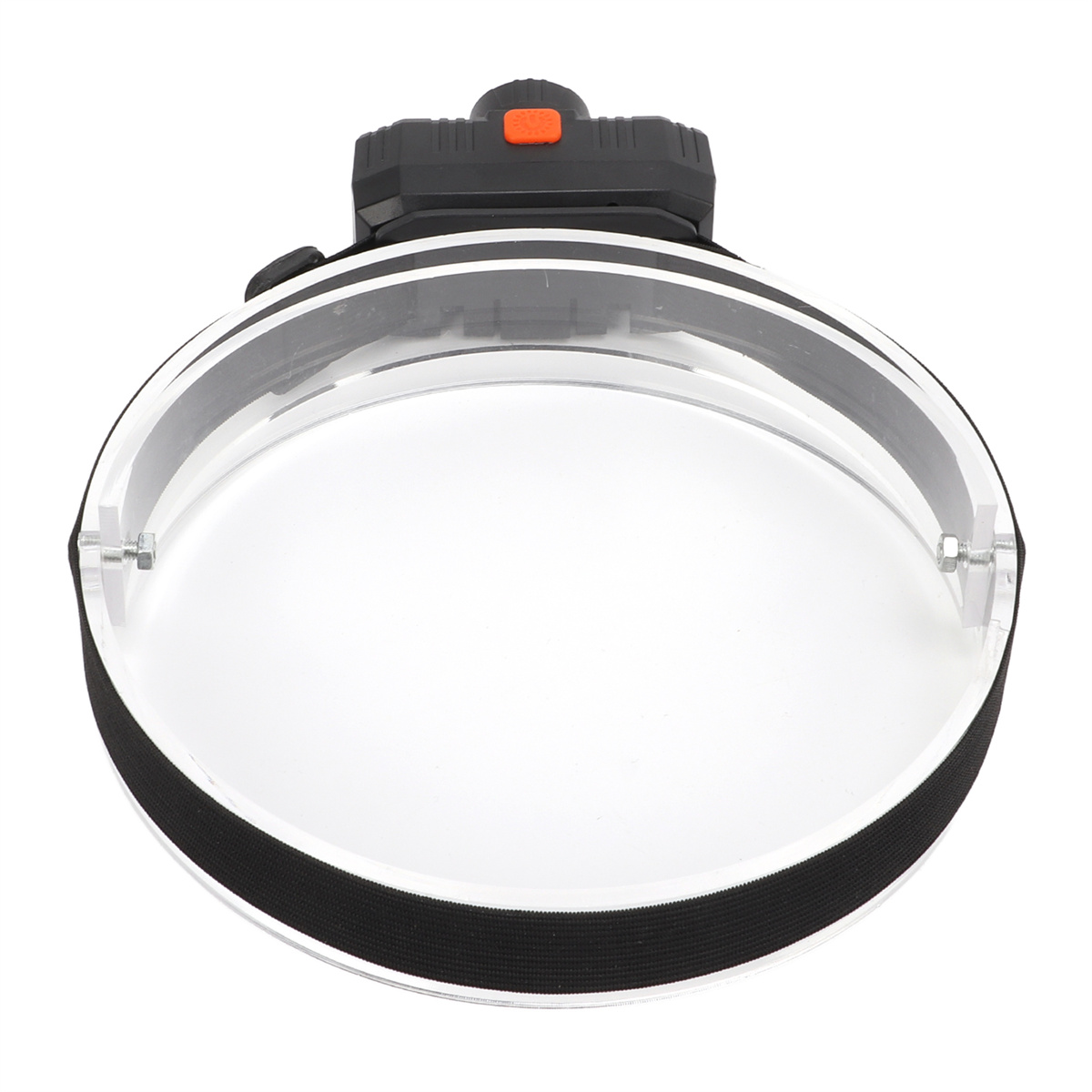 Eine Stirnlampe mit schwarzen und orangefarbenen Details und einer klaren, kreisförmigen Linse.