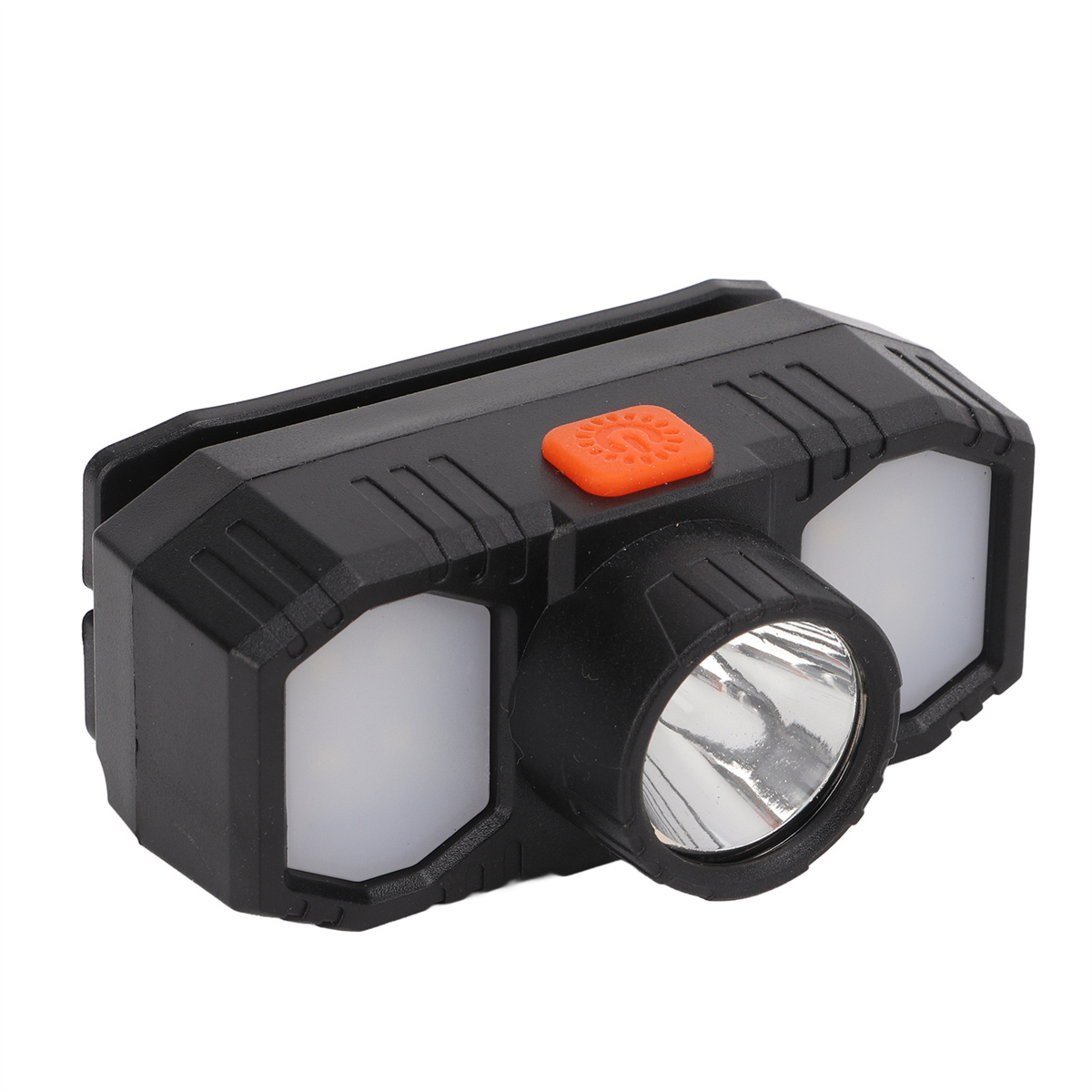 Schwarze Stirnlampe mit orangefarbenem Knopf und weißen Lichtpaneelen. Weißer Hintergrund.
