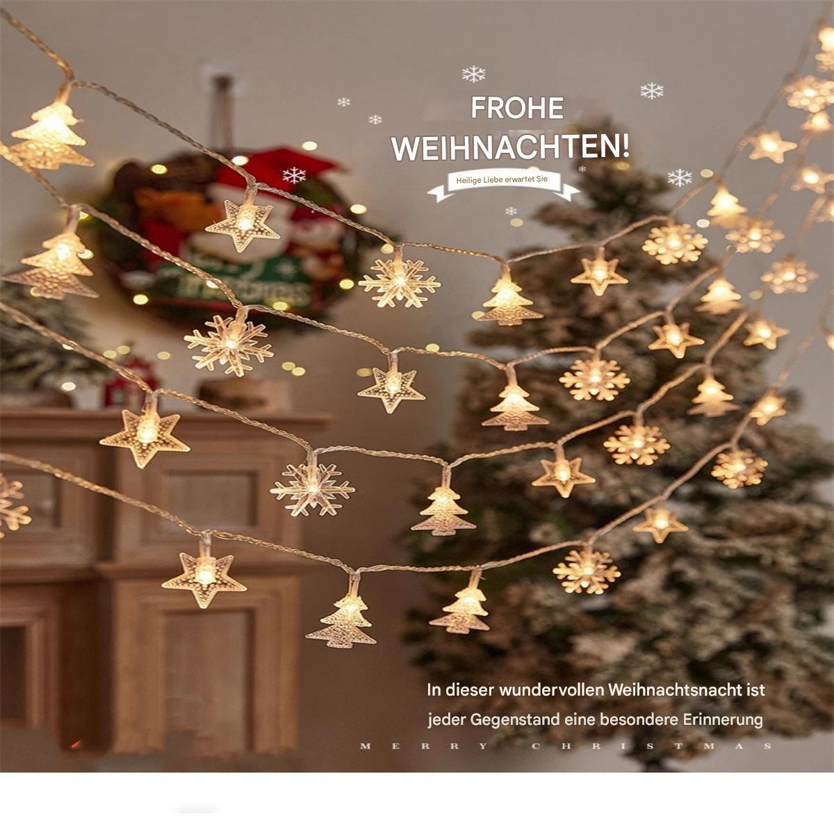Weihnachtslichter in Stern- und Baumform, mit verschwommenem Weihnachtsbaum im Hintergrund.