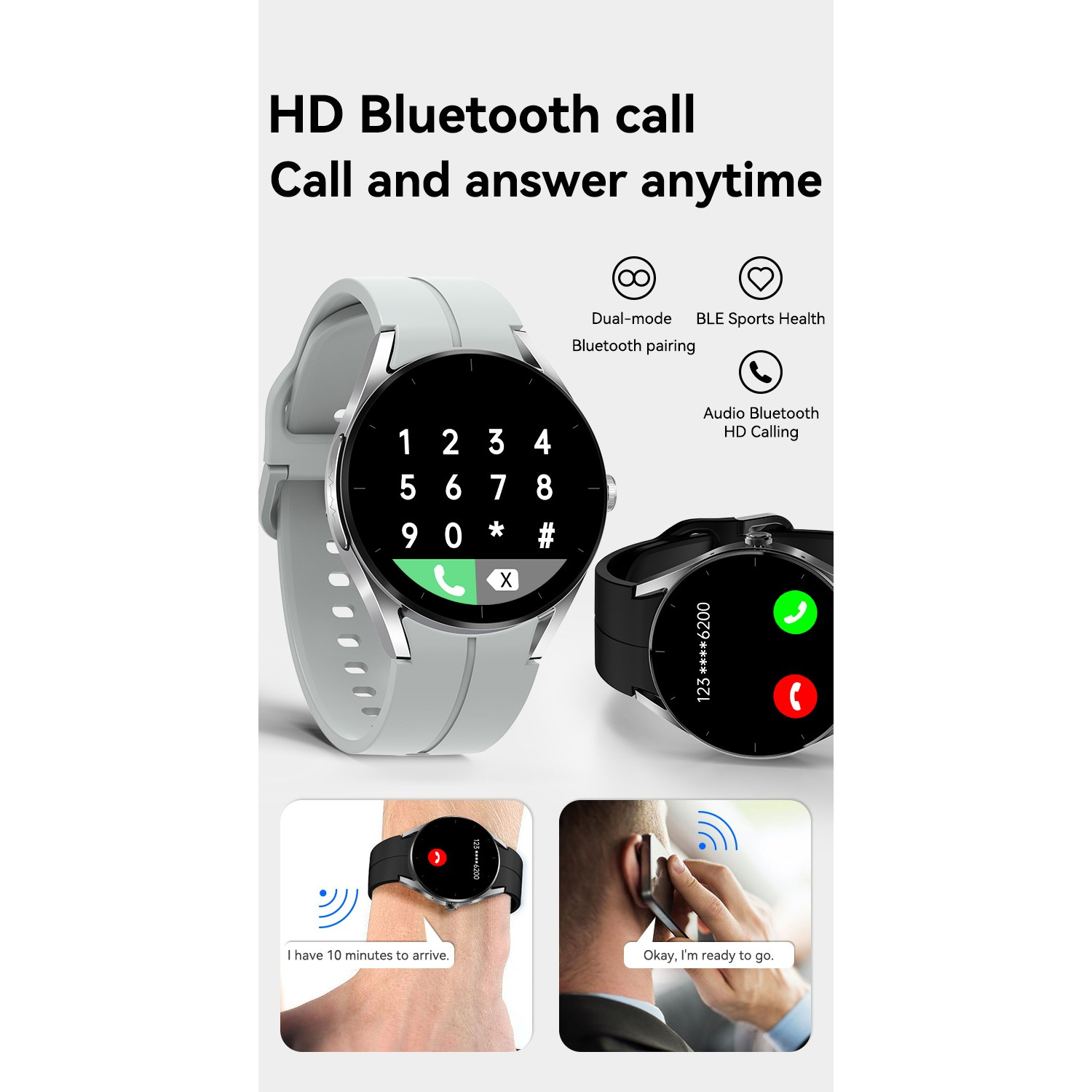 Smartwatch con cinturino grigio mostra l'ora e i numeri. Vengono mostrati altri smartwatch e icone.