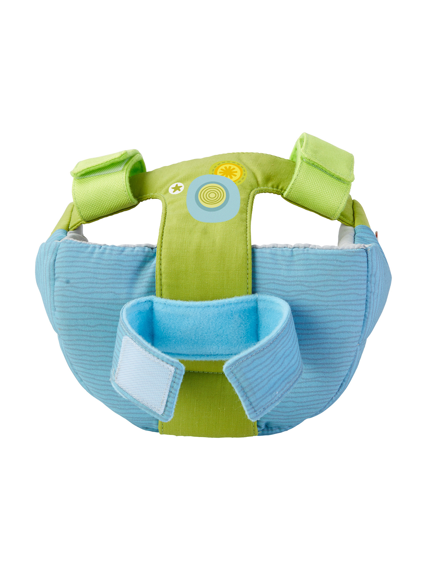 Blau-grüner Babysicherheitshelm. Der Helm hat Riemen und eine blau-grüne Farbgebung.
