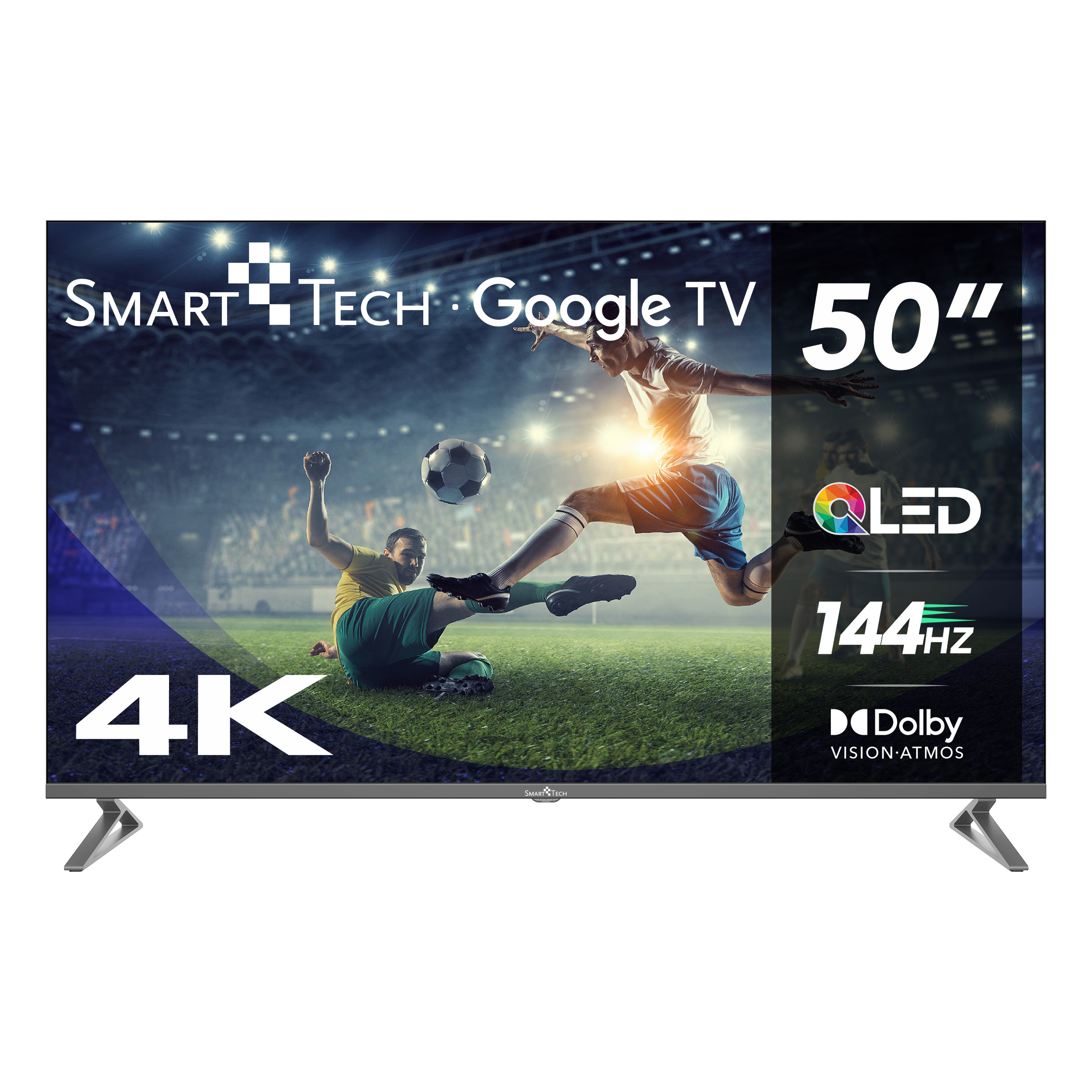 50-calowy Smart Tech Google TV. Pokazuje mecz piłki nożnej z graczami. 4K, QLED, 144Hz i Dolby.