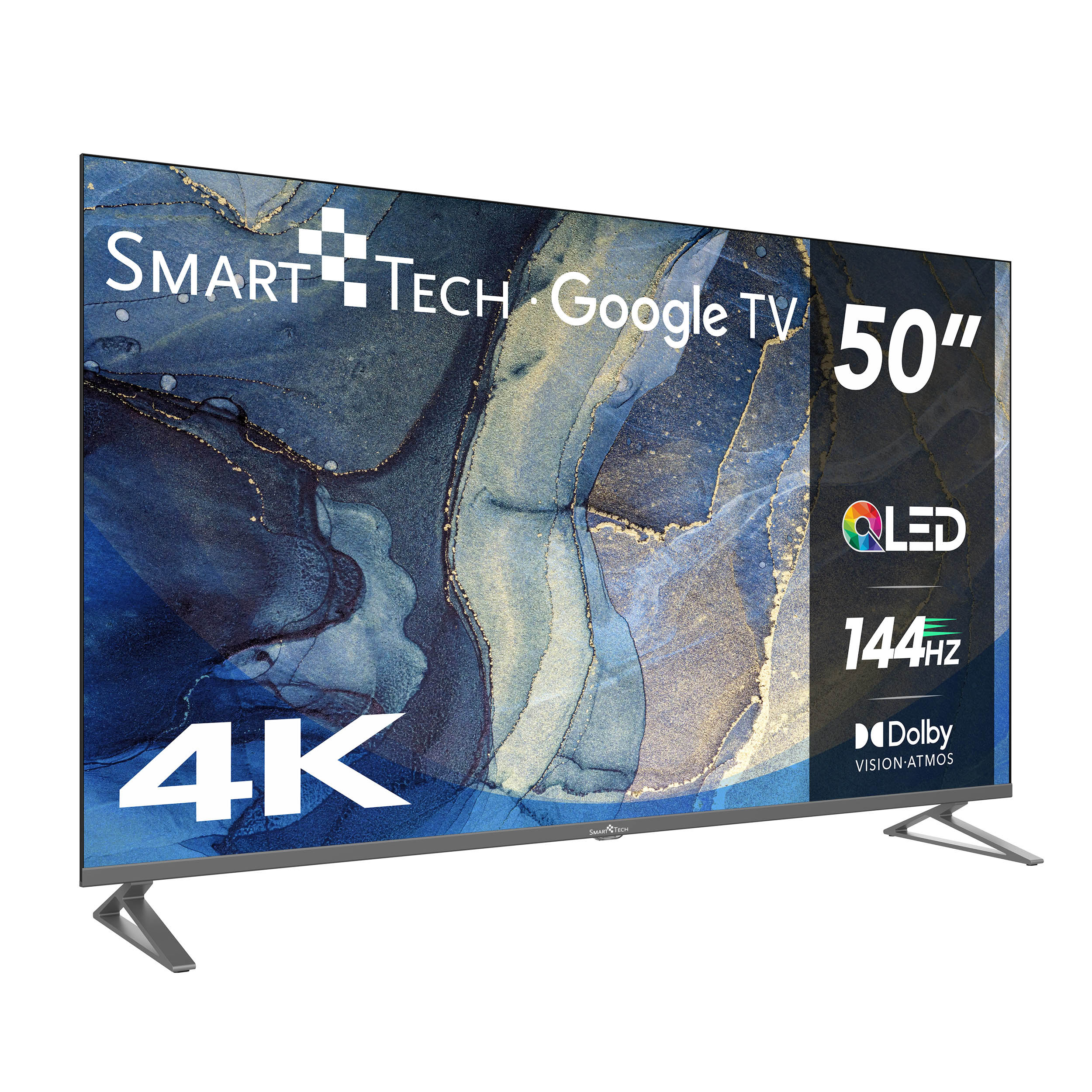 Telewizor Smart Tech 50" z funkcjami 4K, QLED i 144Hz. Telewizor ma wzorzysty ekran.