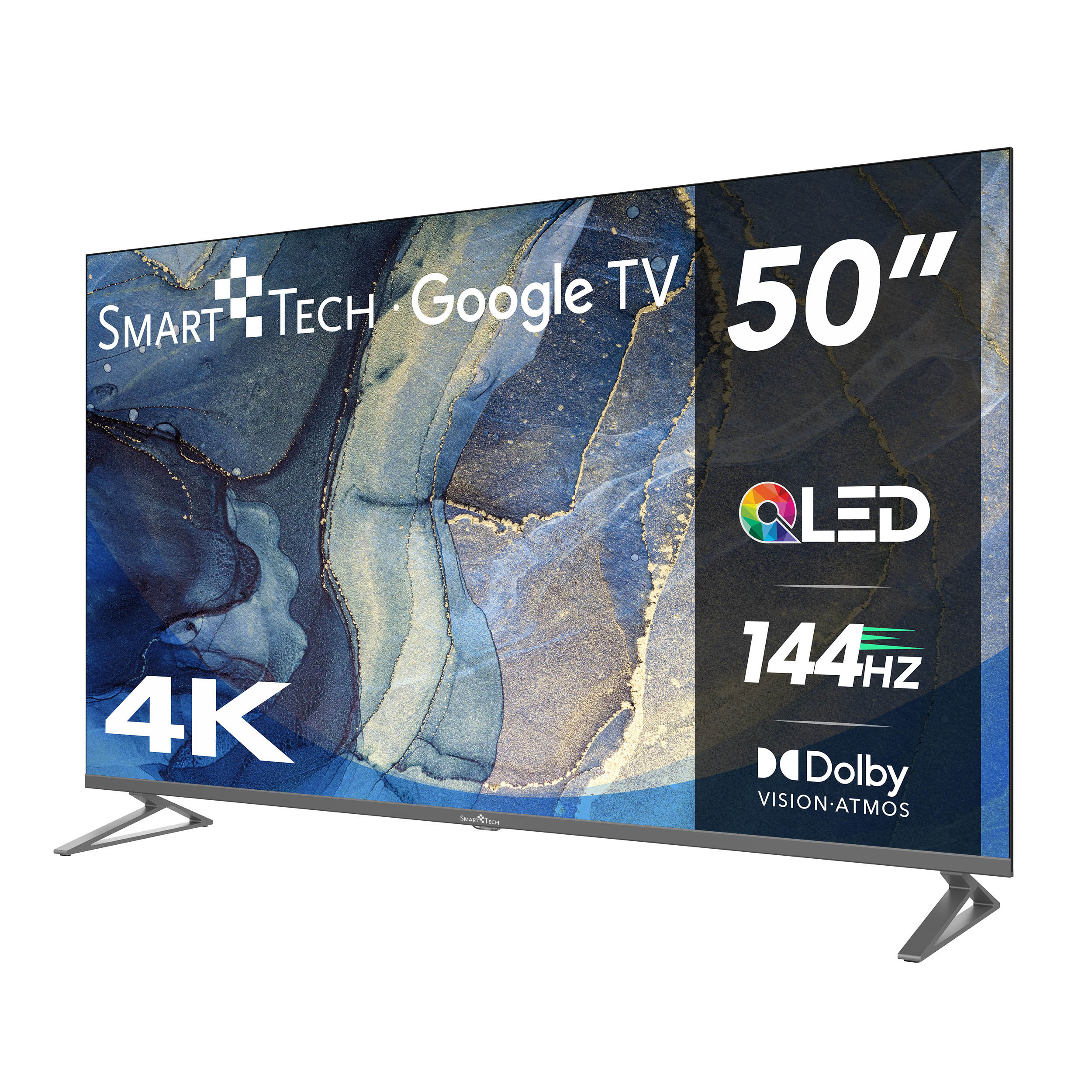 50-calowy telewizor Smart TV z zakrzywionym ekranem. Ekran wyświetla kolorowy abstrakcyjny obraz.