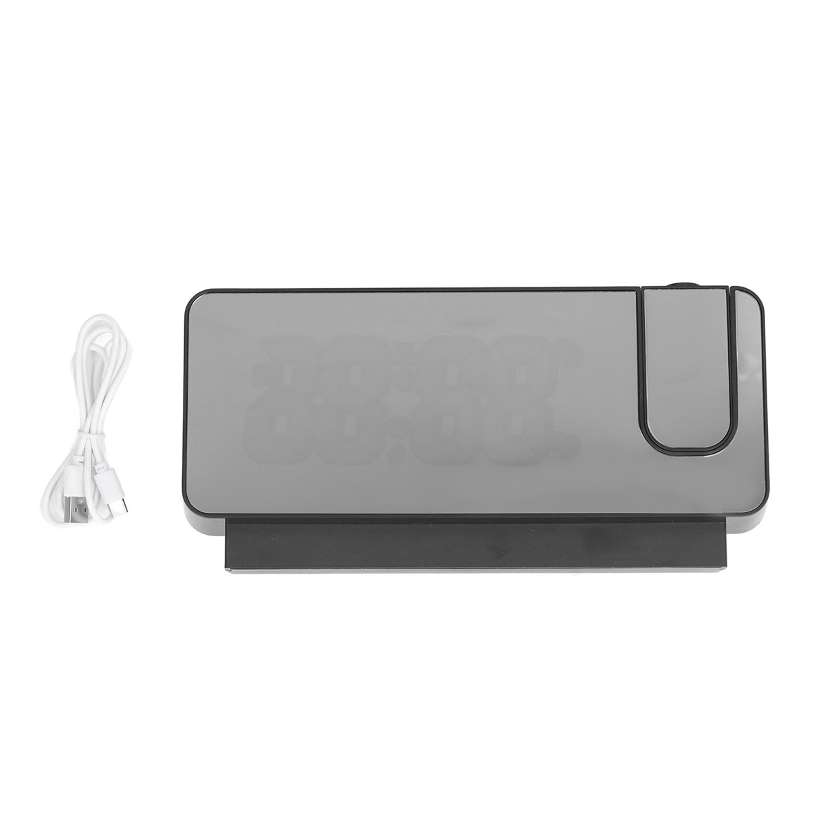 Eine Digitaluhr mit schlankem Design und einem weißen USB-Kabel. Die Uhr zeigt 88:88 an.