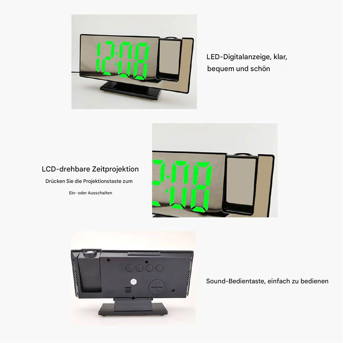 Eine Digitaluhr mit grünen Ziffern zeigt die Uhrzeit an. Sie verfügt über eine Projektionsfunktion und Bedientasten.