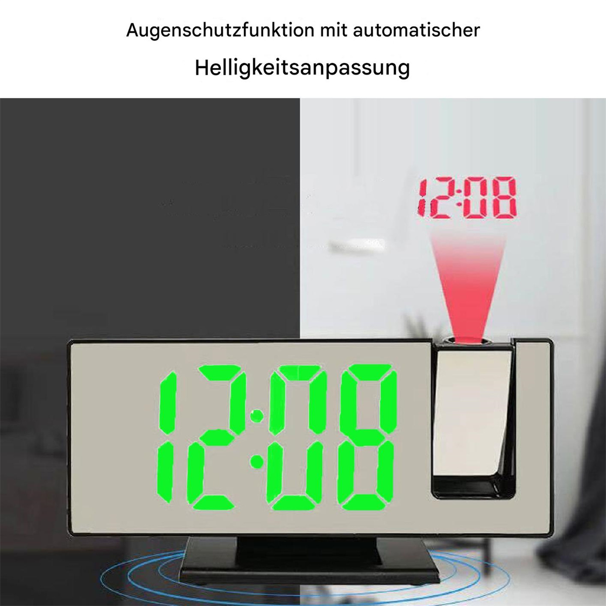 Digitaluhr mit roter Projektion. Die Uhr zeigt die Zeit in Grün an und hat ein schwarz-graues Design.