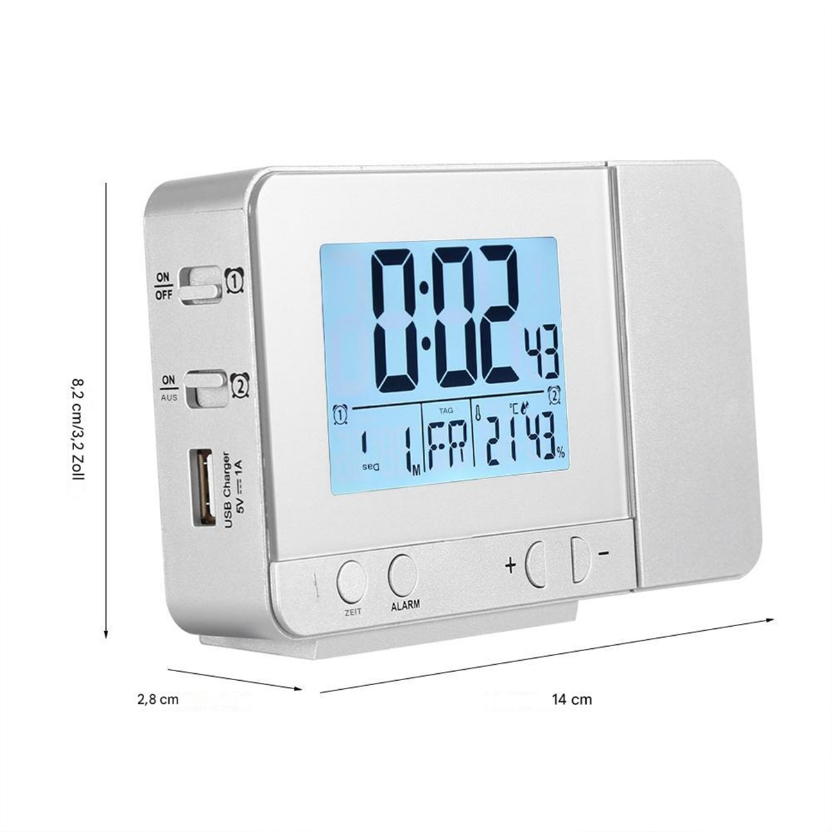 Eine silberne Digitaluhr mit blauem Display, das Zeit und Datum anzeigt.