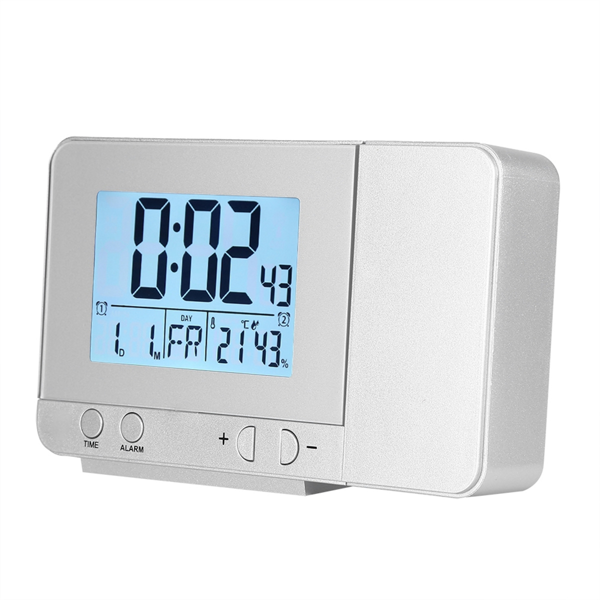 Eine Digitaluhr, die Zeit, Tag, Datum und Temperatur anzeigt, mit Steuertasten.