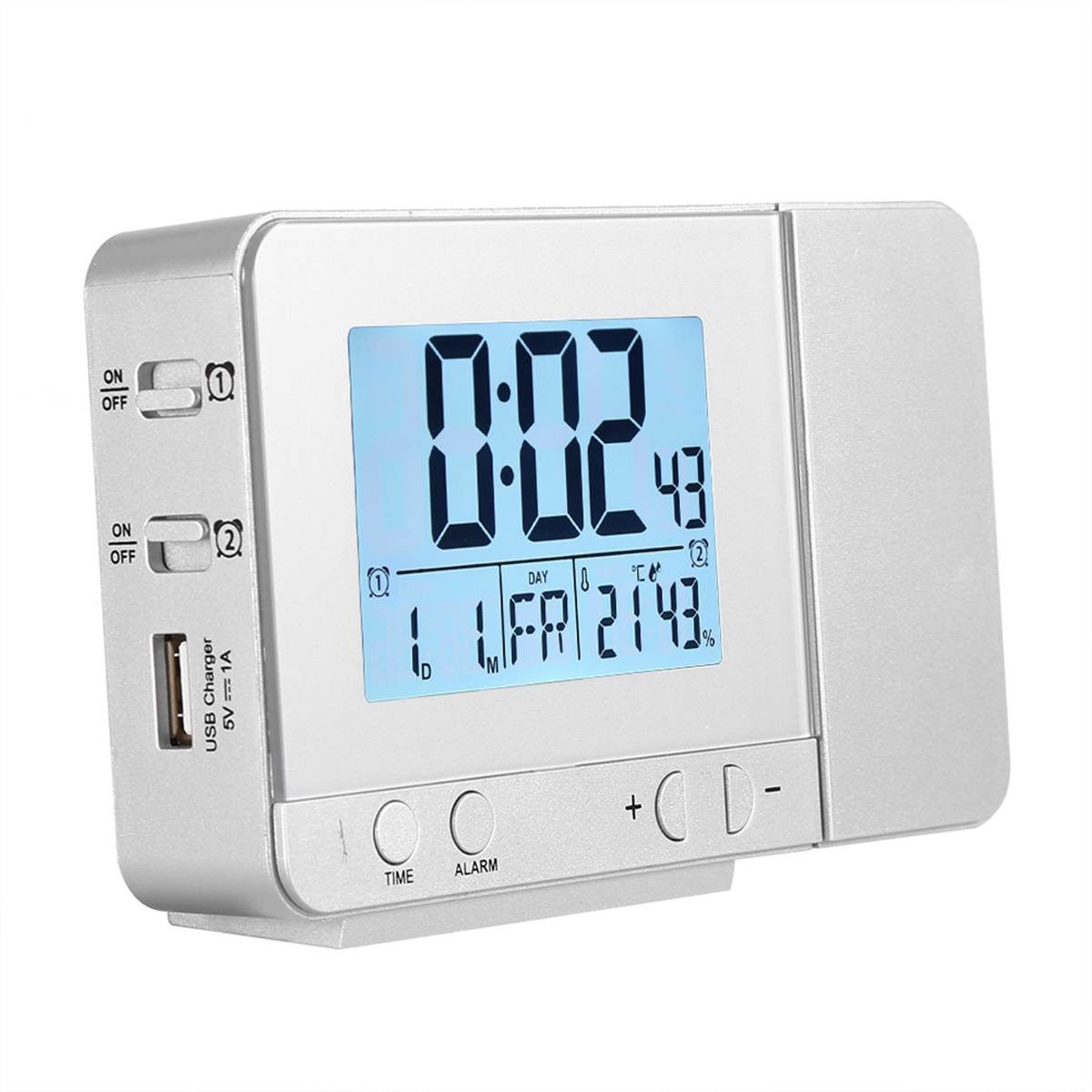 Silberner digitaler Wecker mit Anzeige von Uhrzeit, Datum und Temperatur. USB-Anschlüsse seitlich.