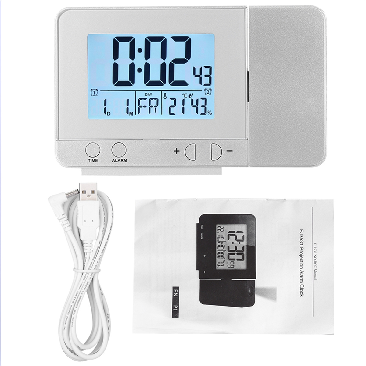 Silberne Uhr mit Anzeige von Uhrzeit und Datum, mit USB-Kabel.