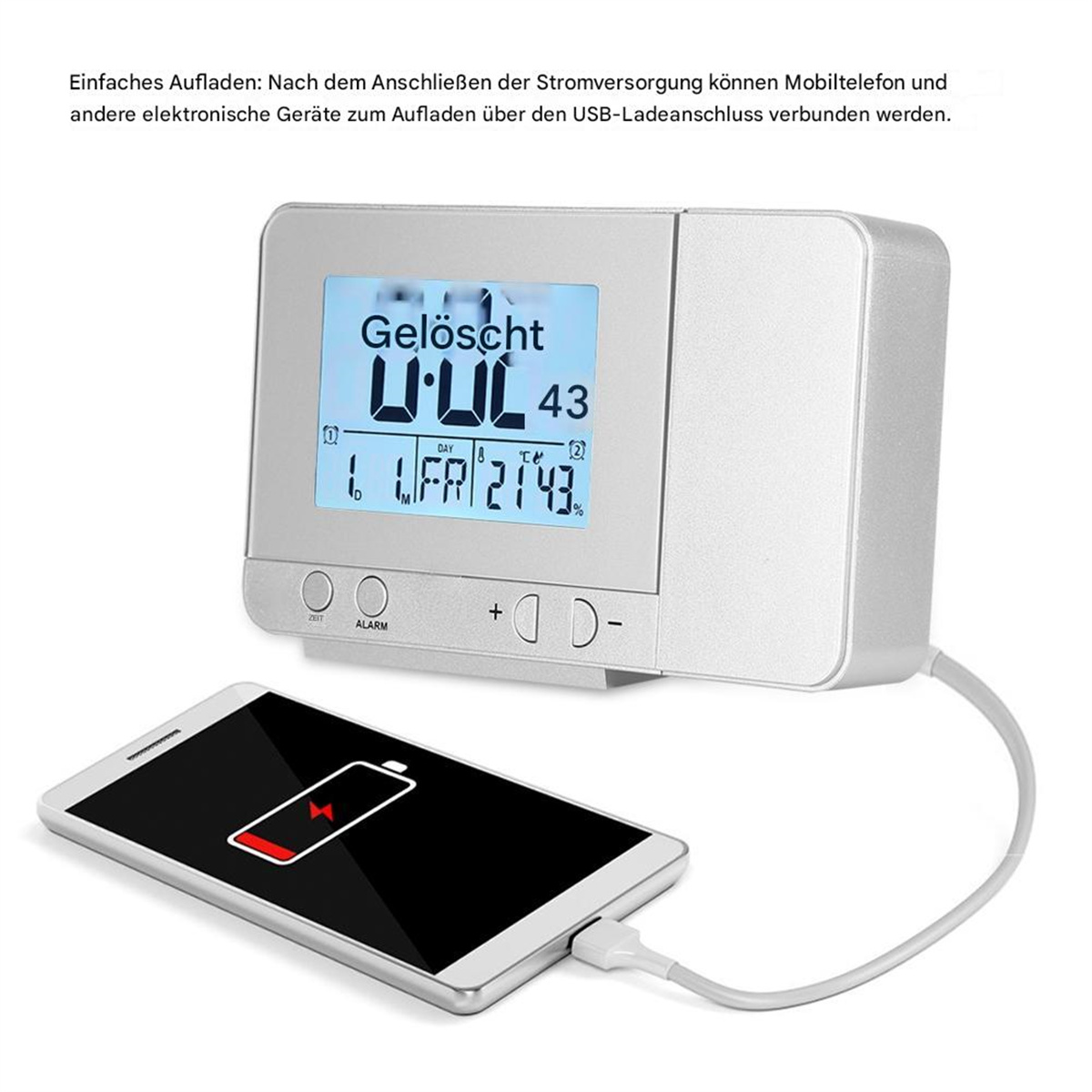 Ein silberner digitaler Wecker, der ein Smartphone auflädt, mit einem Akkusymbol.