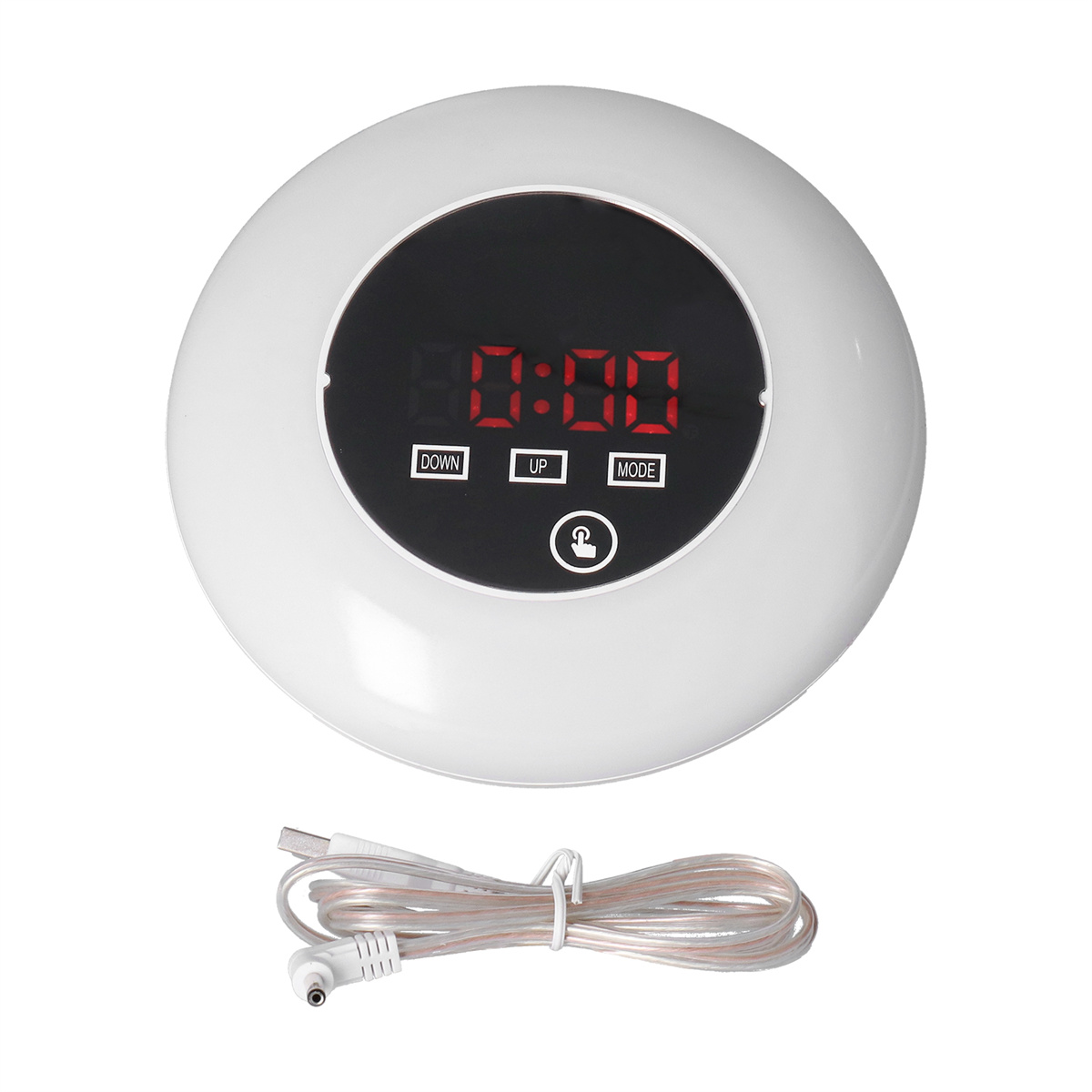 Weisse runde Uhr mit roter Digitalanzeige und USB-Kabel darunter.