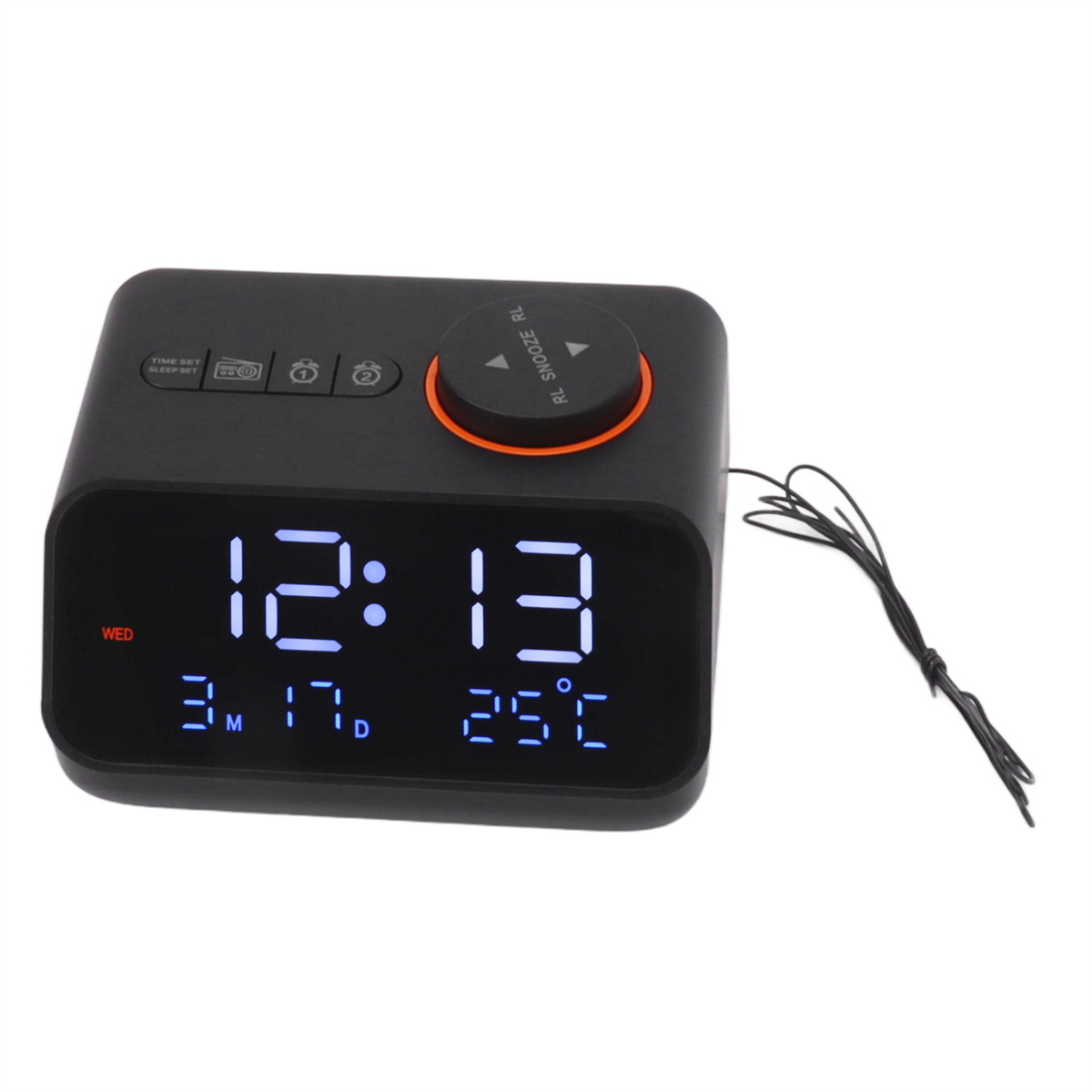 Schwarzer digitaler Wecker mit Anzeige 12:13, Datum und Temperatur. Knöpfe und orangefarbenes Zifferblatt.