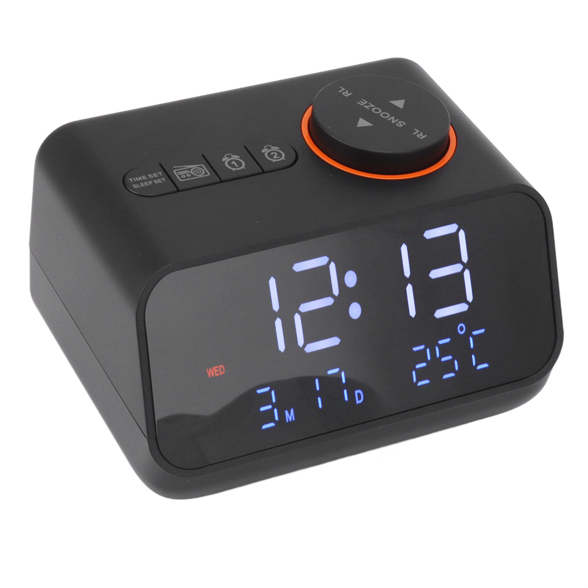 Schwarzer digitaler Wecker mit 12:13, Temperatur und Wochentag.
