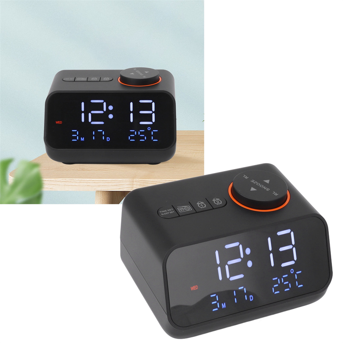 Zwei schwarze digitale Wecker mit Anzeige von Zeit, Datum und Temperatur auf einem Tisch.