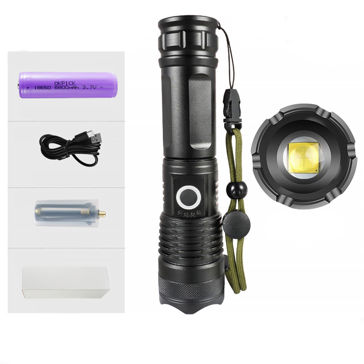 Schwarze Taschenlampe und Zubehör. Akku, Kabel, Ladegerät. Weißer Hintergrund.