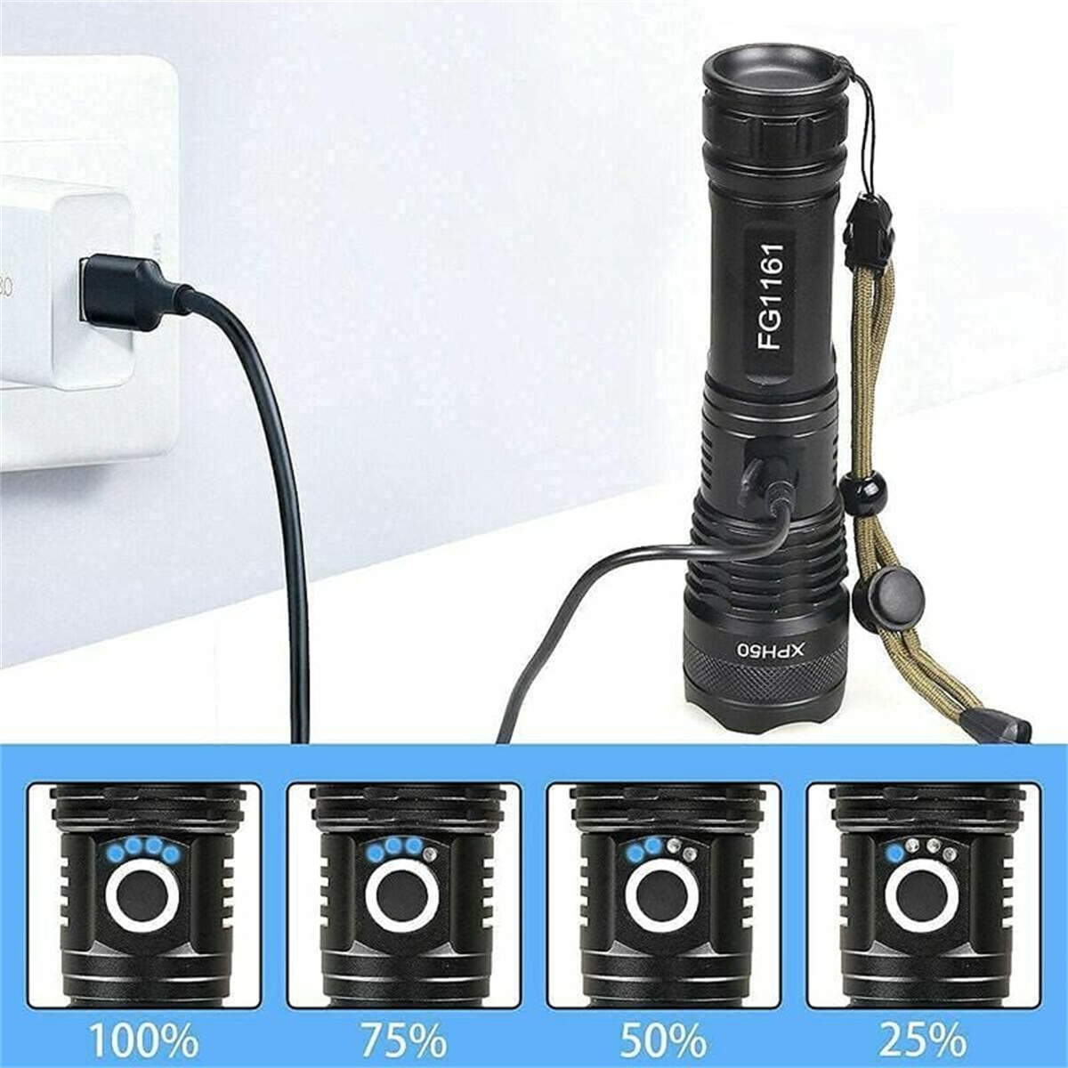 Schwarze Taschenlampe wird mit einem Netzstecker aufgeladen. Der Akkustand wird angezeigt.