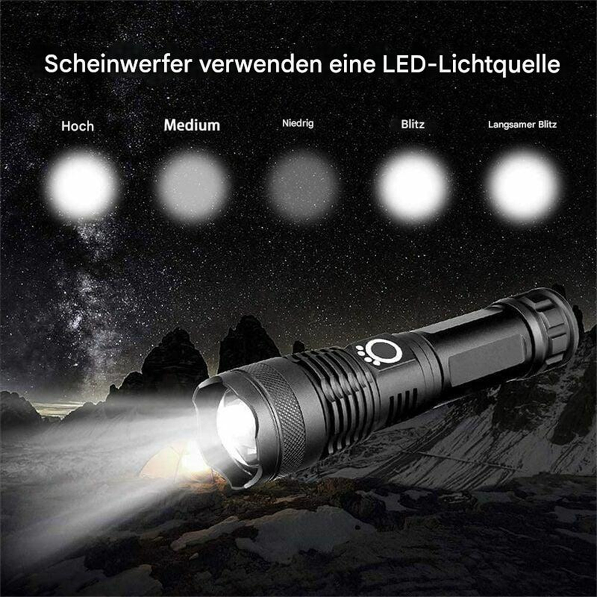 Eine schwarze Taschenlampe, die einen hellen Lichtstrahl vor einem Hintergrund mit Lichteinstellungen aussendet.