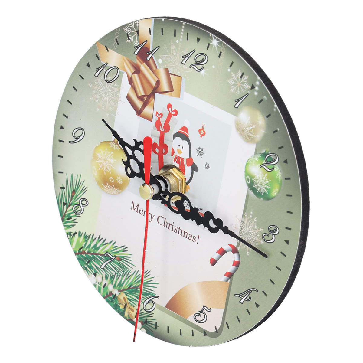 Eine Weihnachtsuhr mit einem Bild eines Geschenks und eines Pinguins. Die Uhr ist rund.