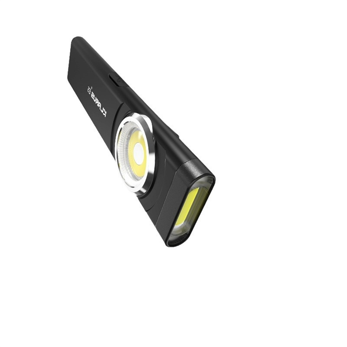 Schwarze Taschenlampe angewinkelt, beleuchtet, auf Weiß. 'EURA' an der Seite.