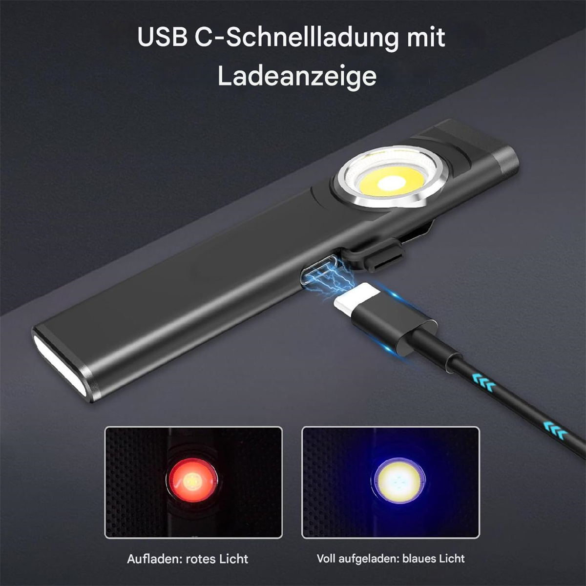 Schwarze Taschenlampe wird geladen. Rotes Licht zeigt Laden an, blaues Licht zeigt voll an.