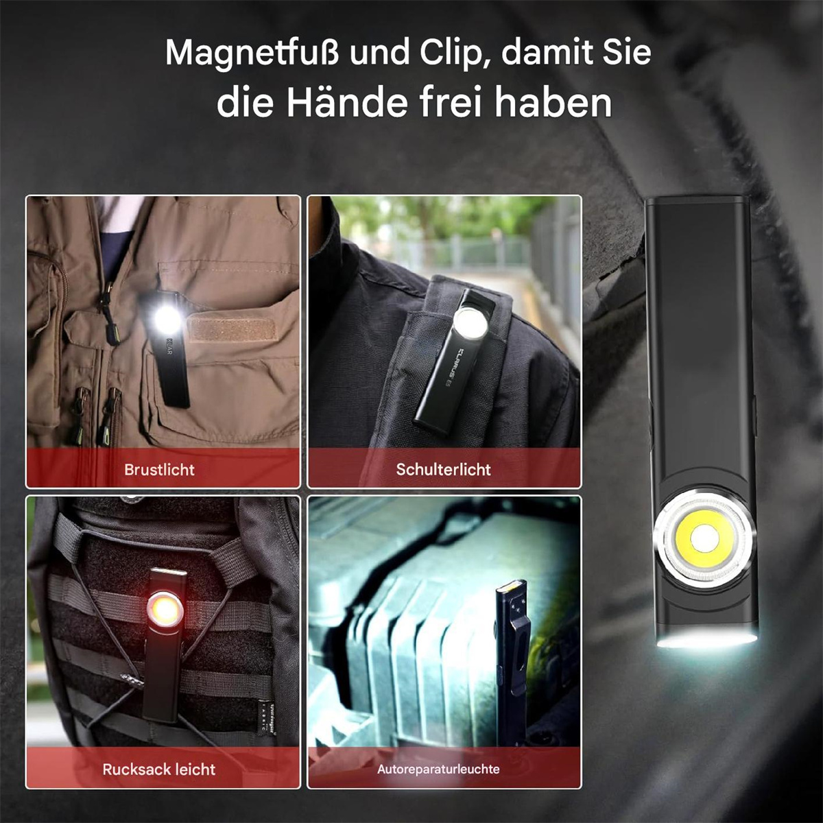 Eine schwarze Taschenlampe wird in verschiedenen Positionen gezeigt.