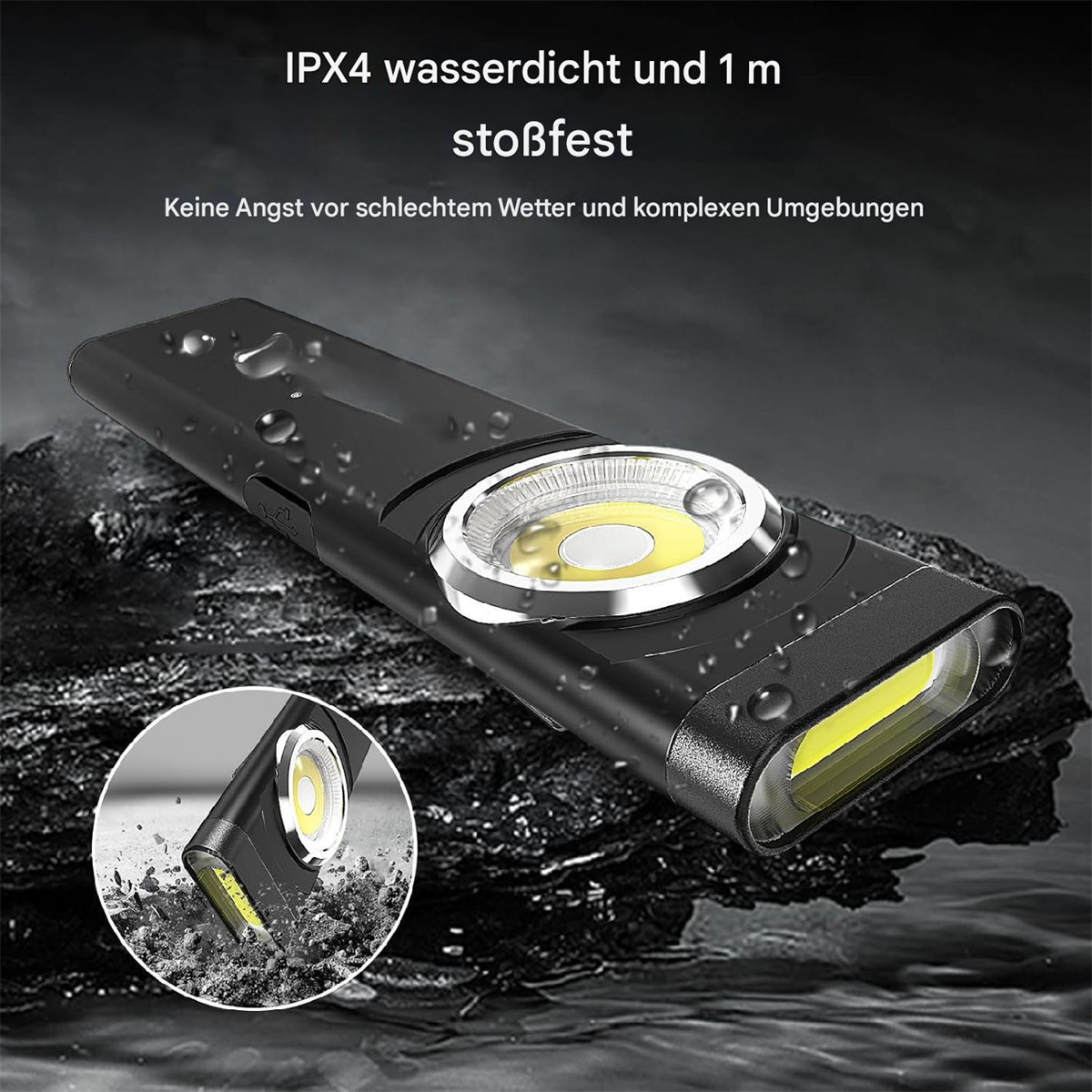 Schwarze wasserdichte Taschenlampe auf einer rauen Oberfläche. Eigenschaften: IPX4 wasserdicht und 1m stoßfest.