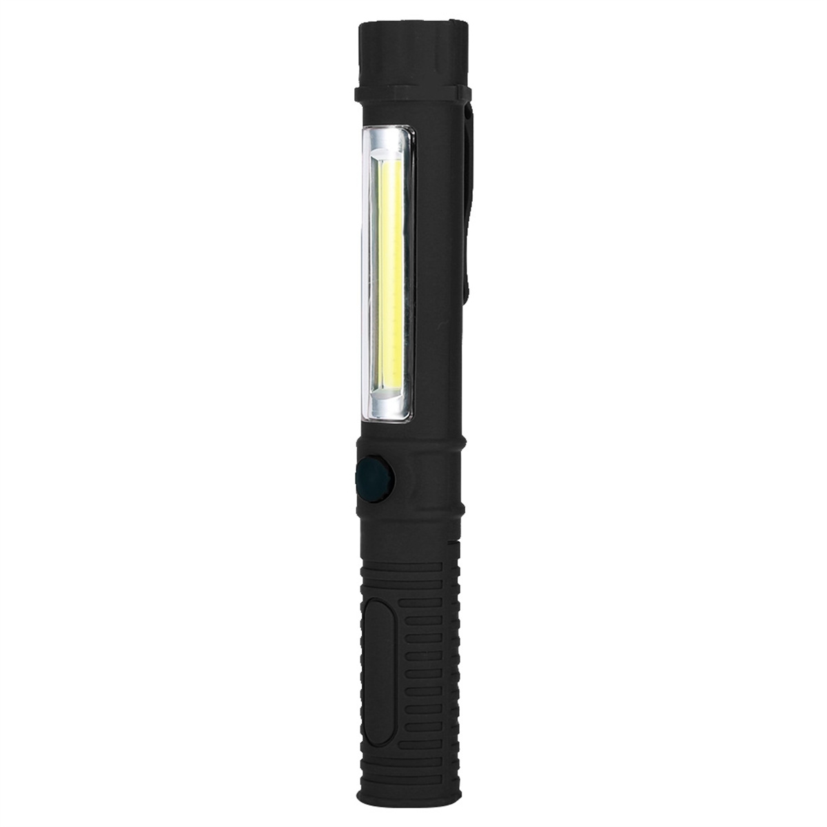 Schwarze Taschenlampe mit hellem weißem Licht und schwarzem Clip.