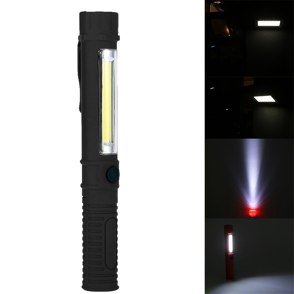 Eine schwarze Taschenlampe mit COB-LED und zusätzlichen Strahlern, mit verschiedenen Beleuchtungsszenarien.