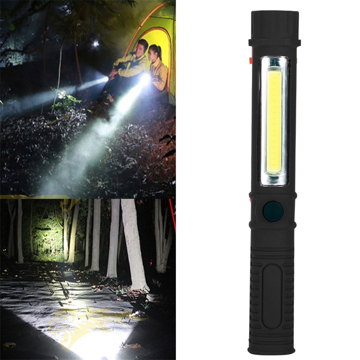 Eine schwarze Taschenlampe beleuchtet einen Wald und ein Zelt mit Personen. Mit LED-Panel.
