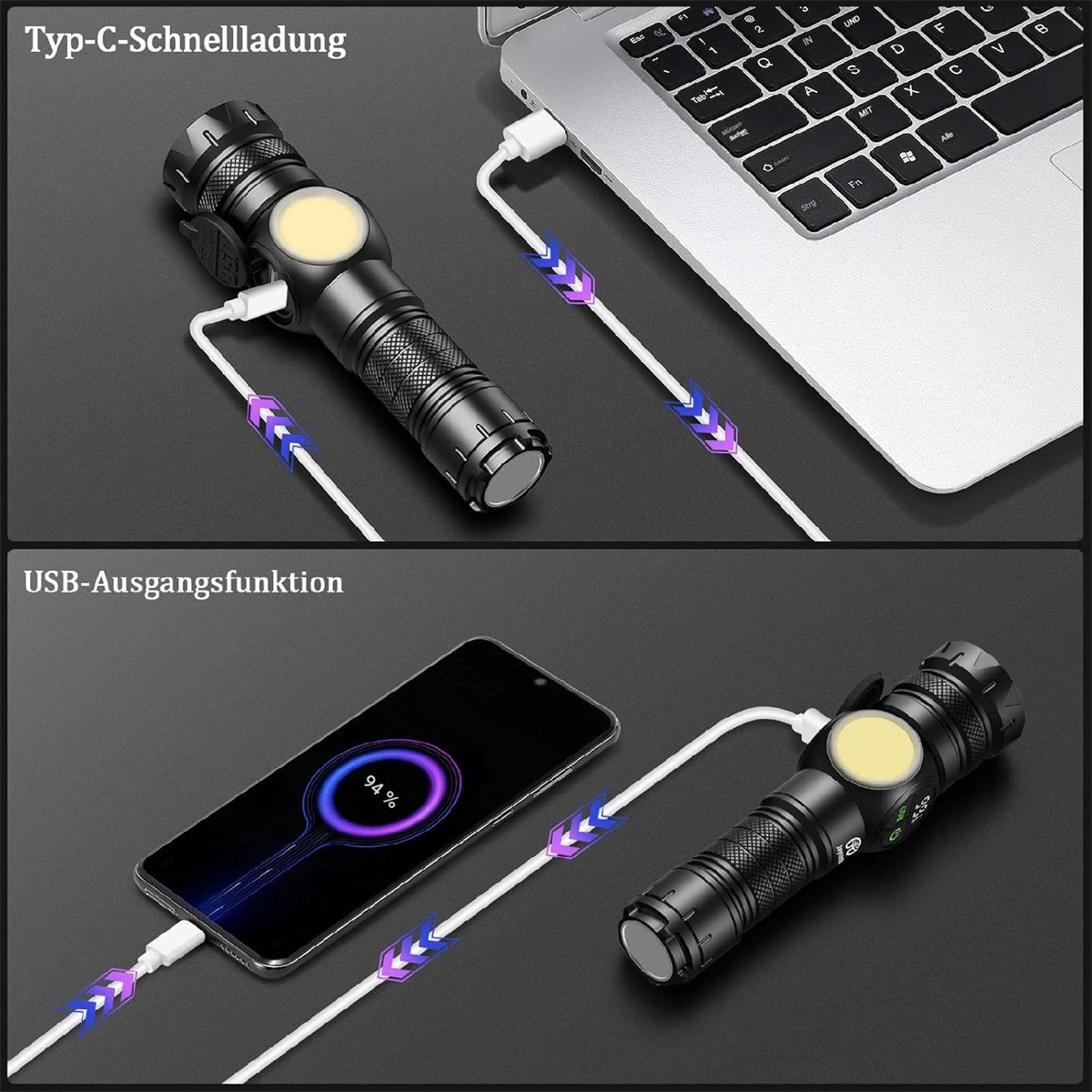 Zwei schwarze Taschenlampen, eine lädt einen Laptop und die andere ein Telefon, mit einem weißen Kabel.