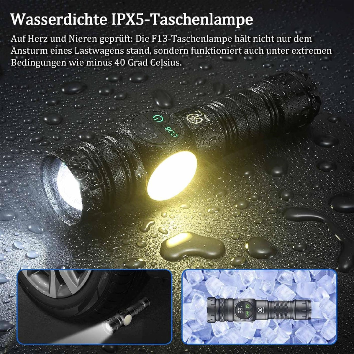 Eine schwarze, wasserdichte Taschenlampe mit hellem Licht und Nutzungsskizze.