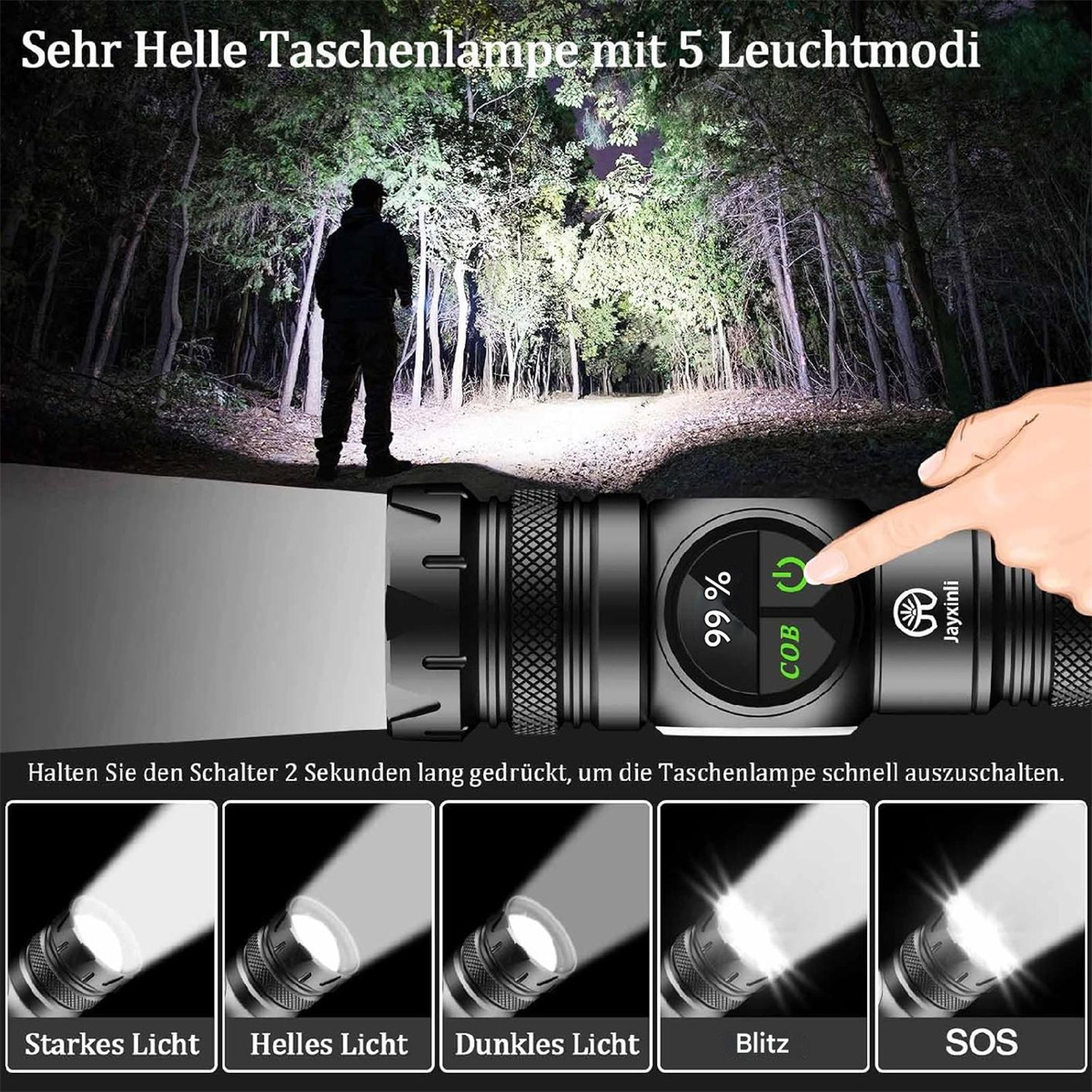 Eine Taschenlampe mit Lichtstrahlen und einer Person im Hintergrund.